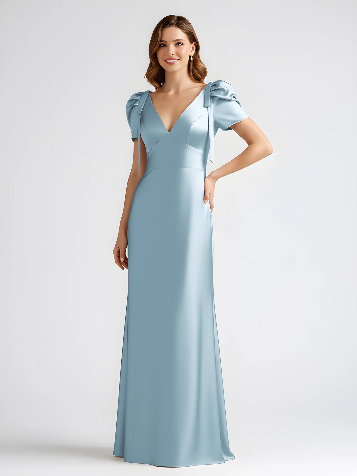 Schleife Detail Kurzarm Satin Säule Maxi Kleid Staubiges Blau - Image 3