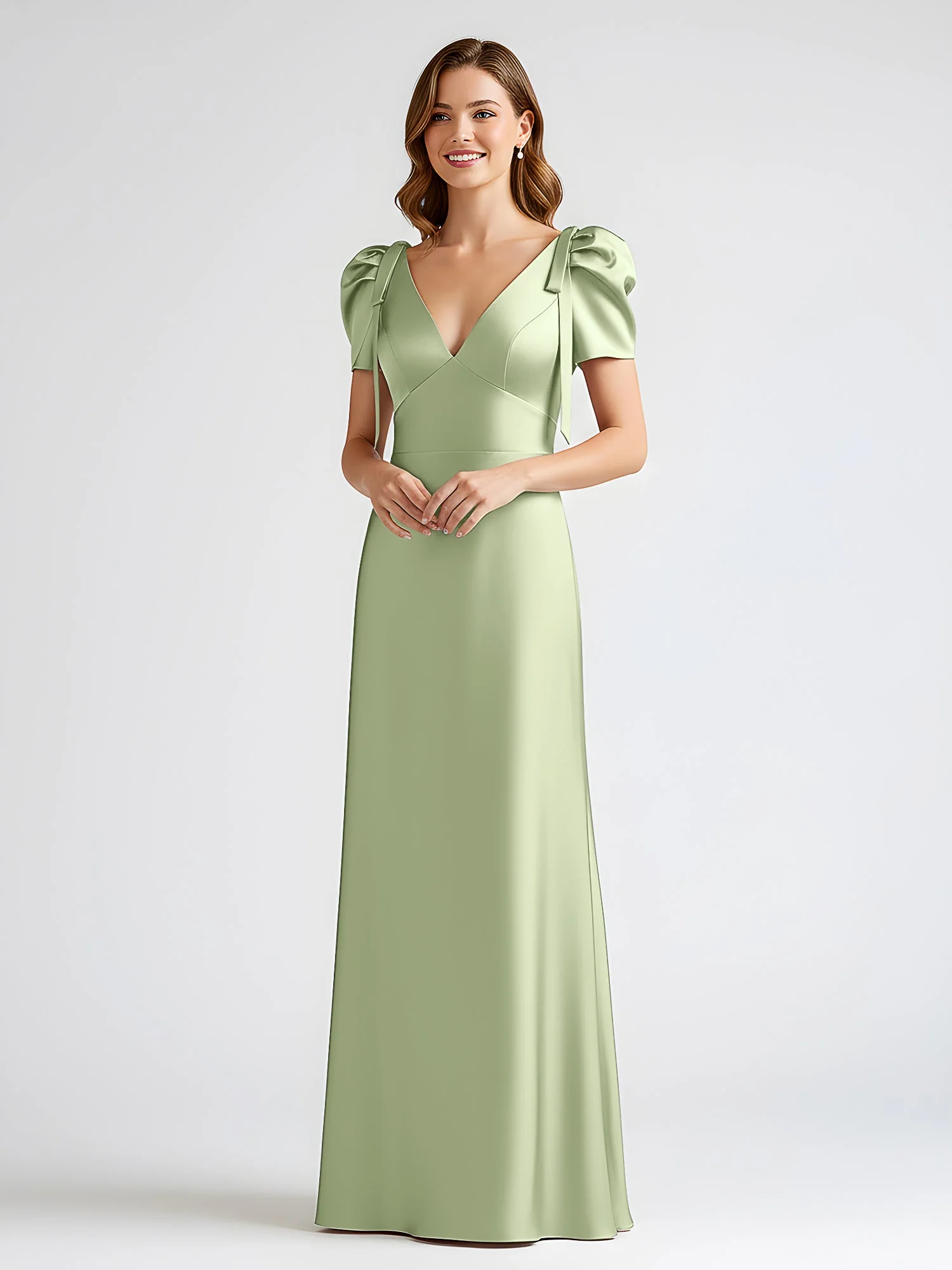 Schleife Detail Kurzarm Satin Säule Maxi Kleid Staubiges Salbei