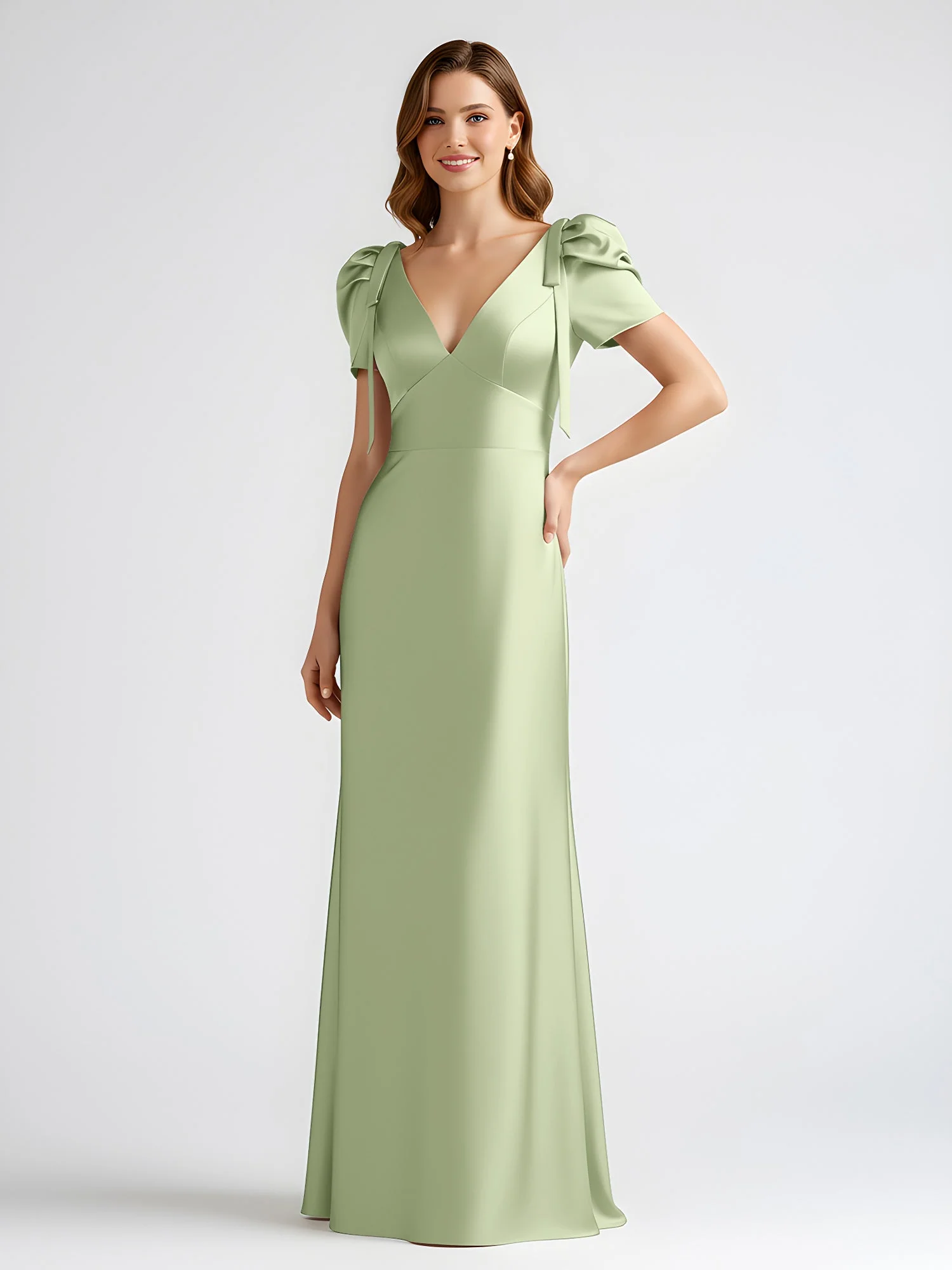 Schleife Detail Kurzarm Satin Säule Maxi Kleid Staubiges Salbei - Image 3