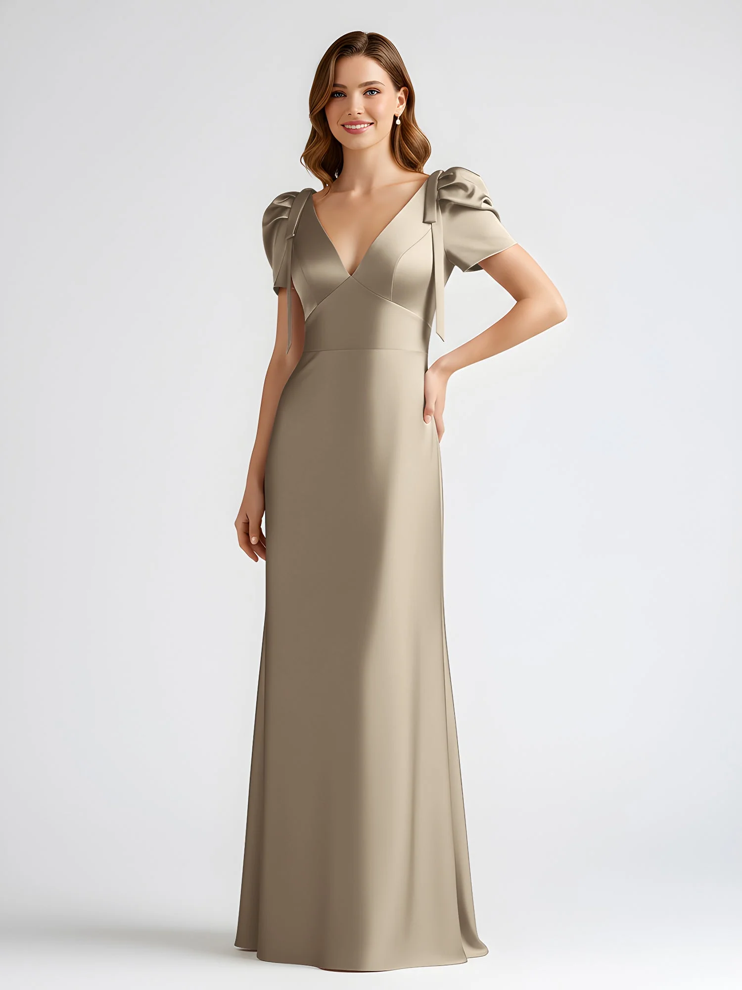 Schleife Detail Kurzarm Satin Säule Maxi Kleid Taupe - Image 3