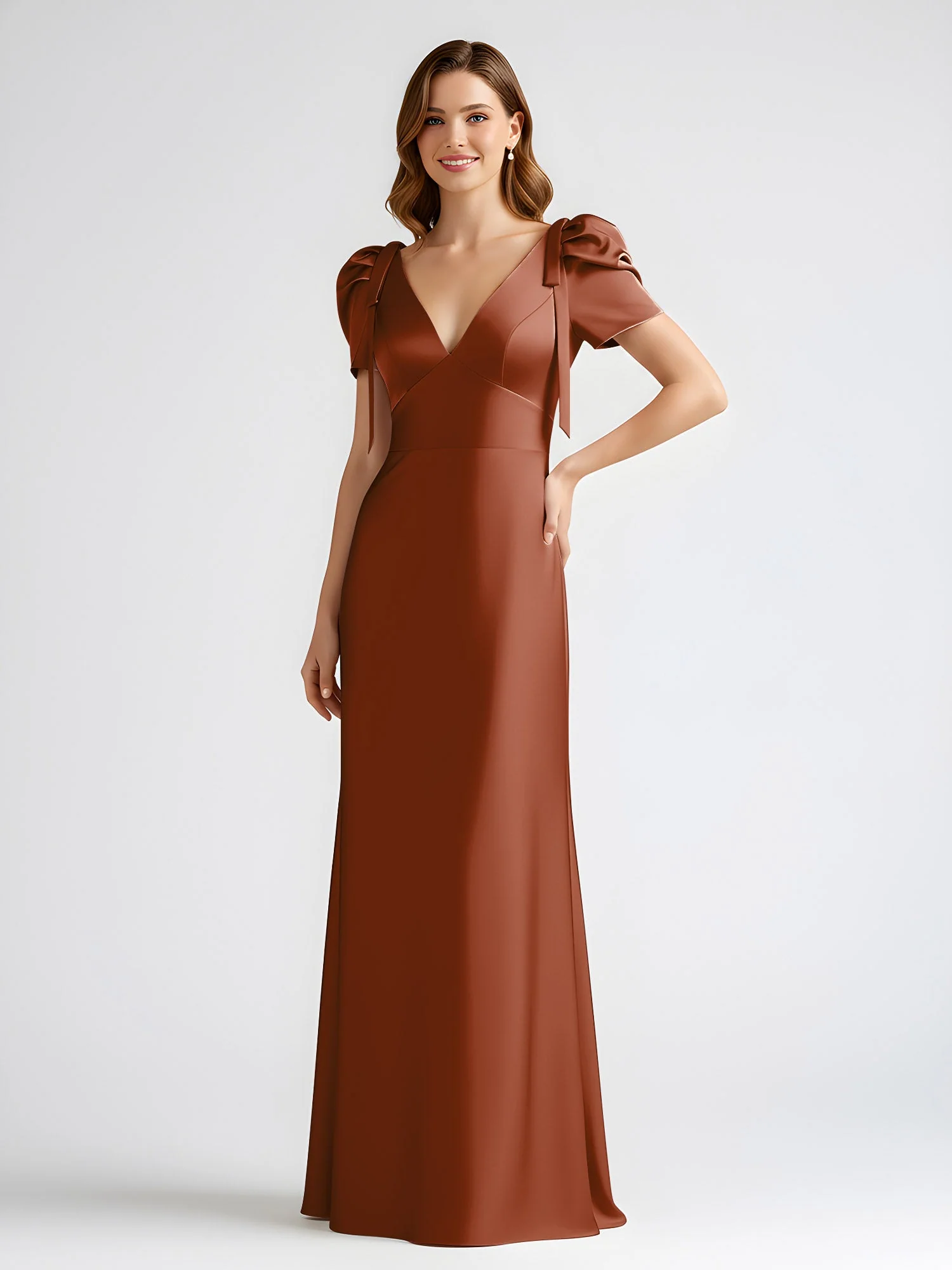 Schleife Detail Kurzarm Satin Säule Maxi Kleid Terrakotta - Image 3