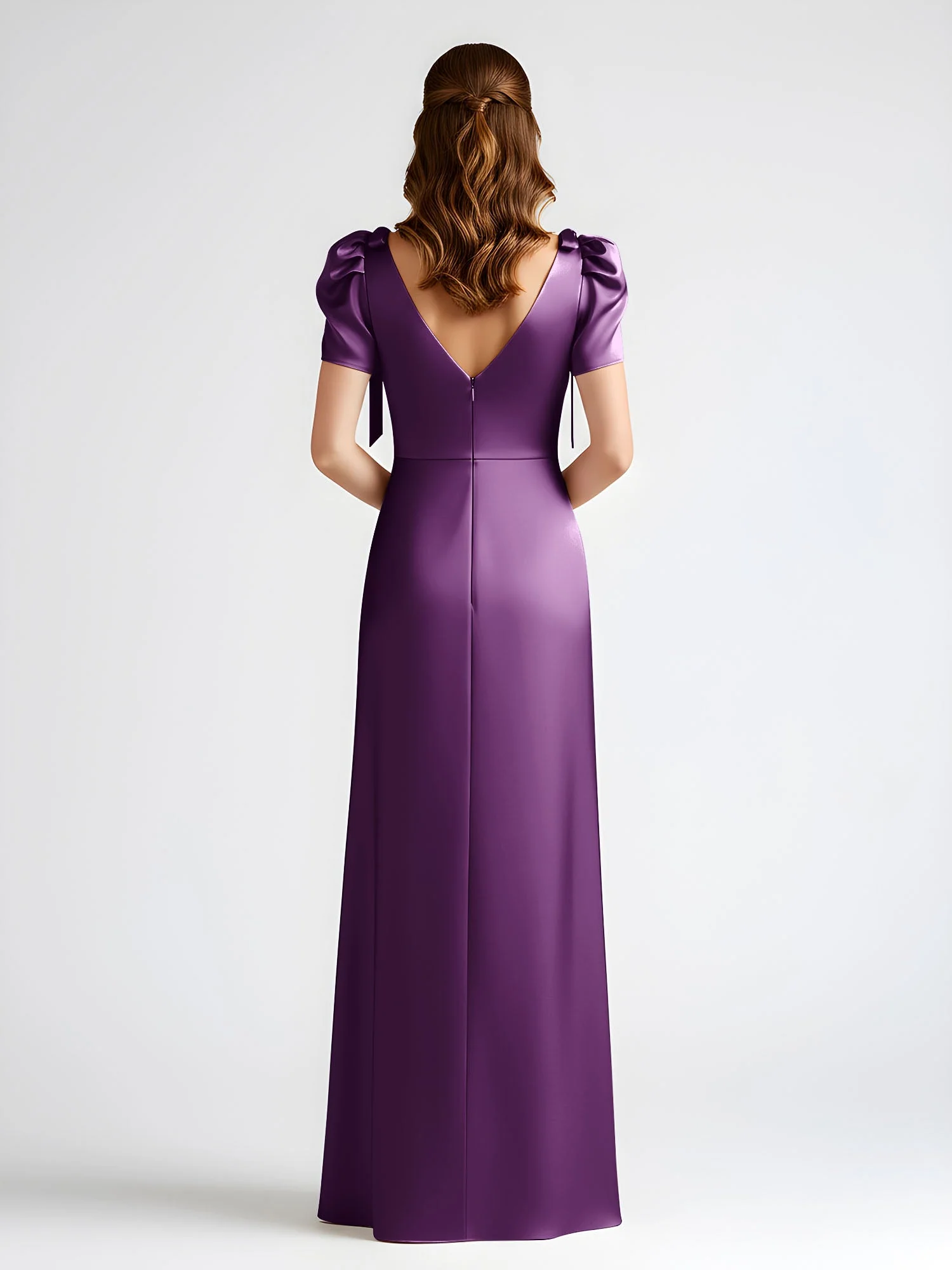 Schleife Detail Kurzarm Satin Säule Maxi Kleid Traube - Image 2