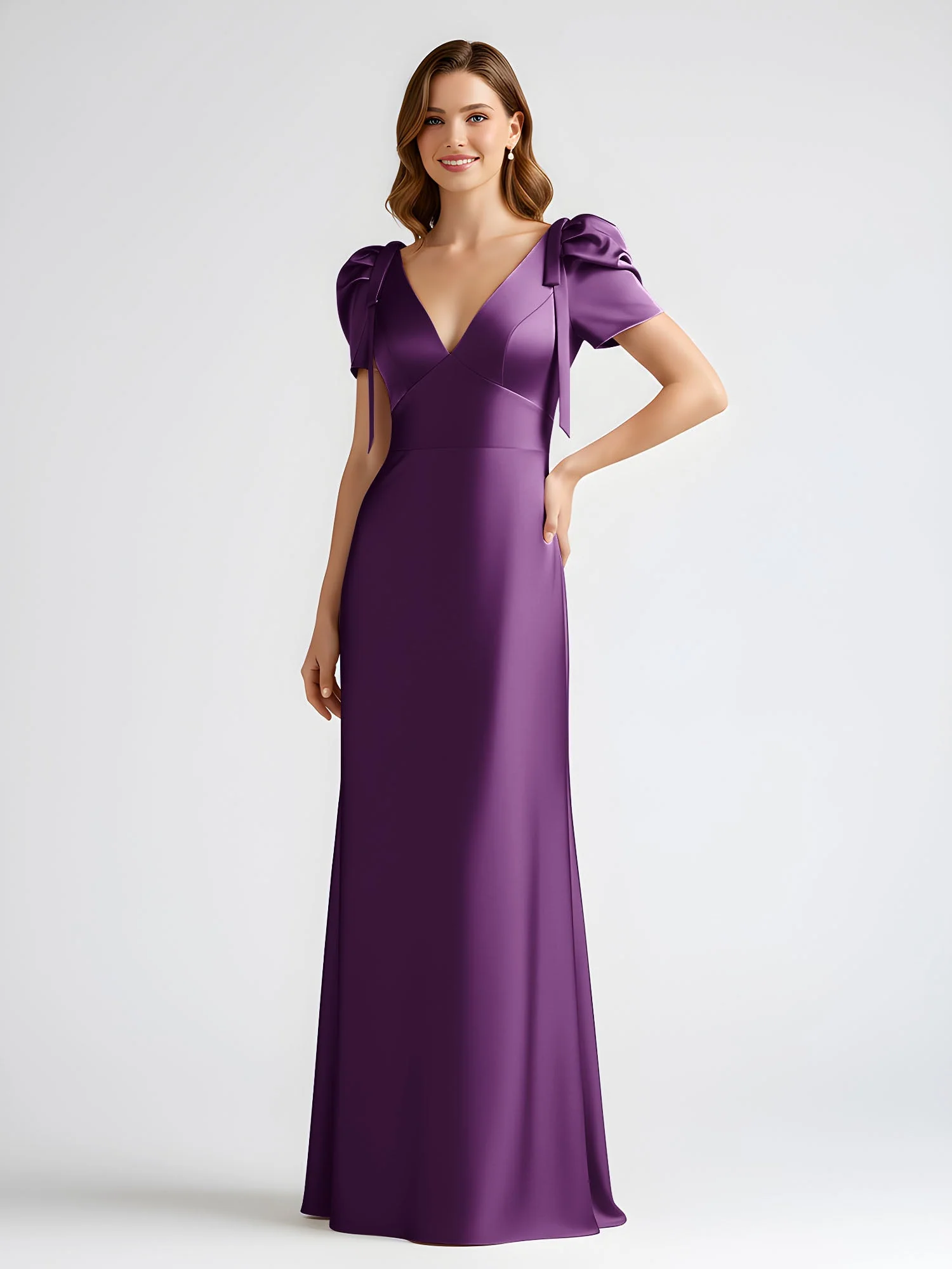 Schleife Detail Kurzarm Satin Säule Maxi Kleid Traube - Image 3