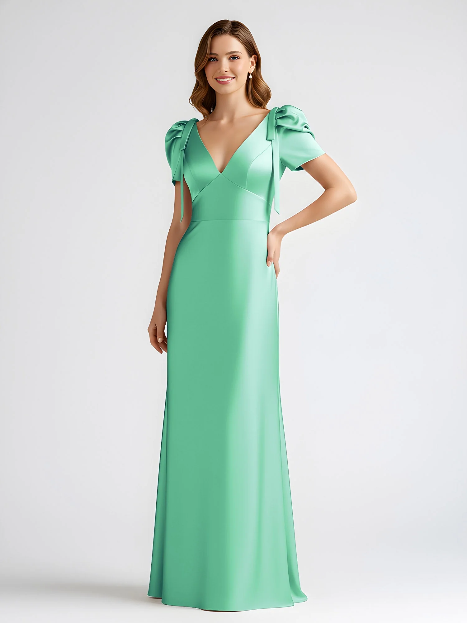 Schleife Detail Kurzarm Satin Säule Maxi Kleid Türkis - Image 3