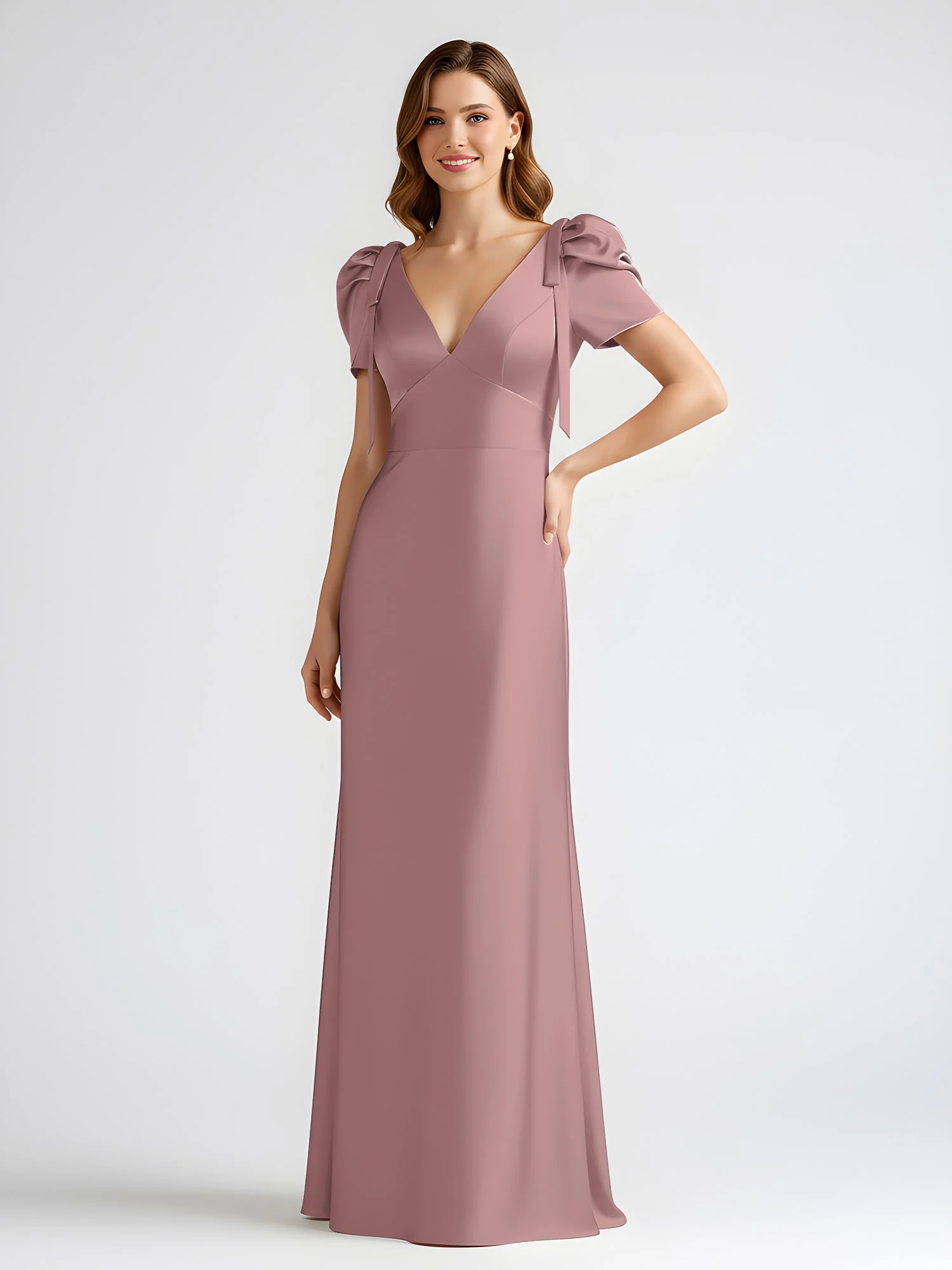 Schleife Detail Kurzarm Satin Säule Maxi Kleid Vintage Mauve - Image 3