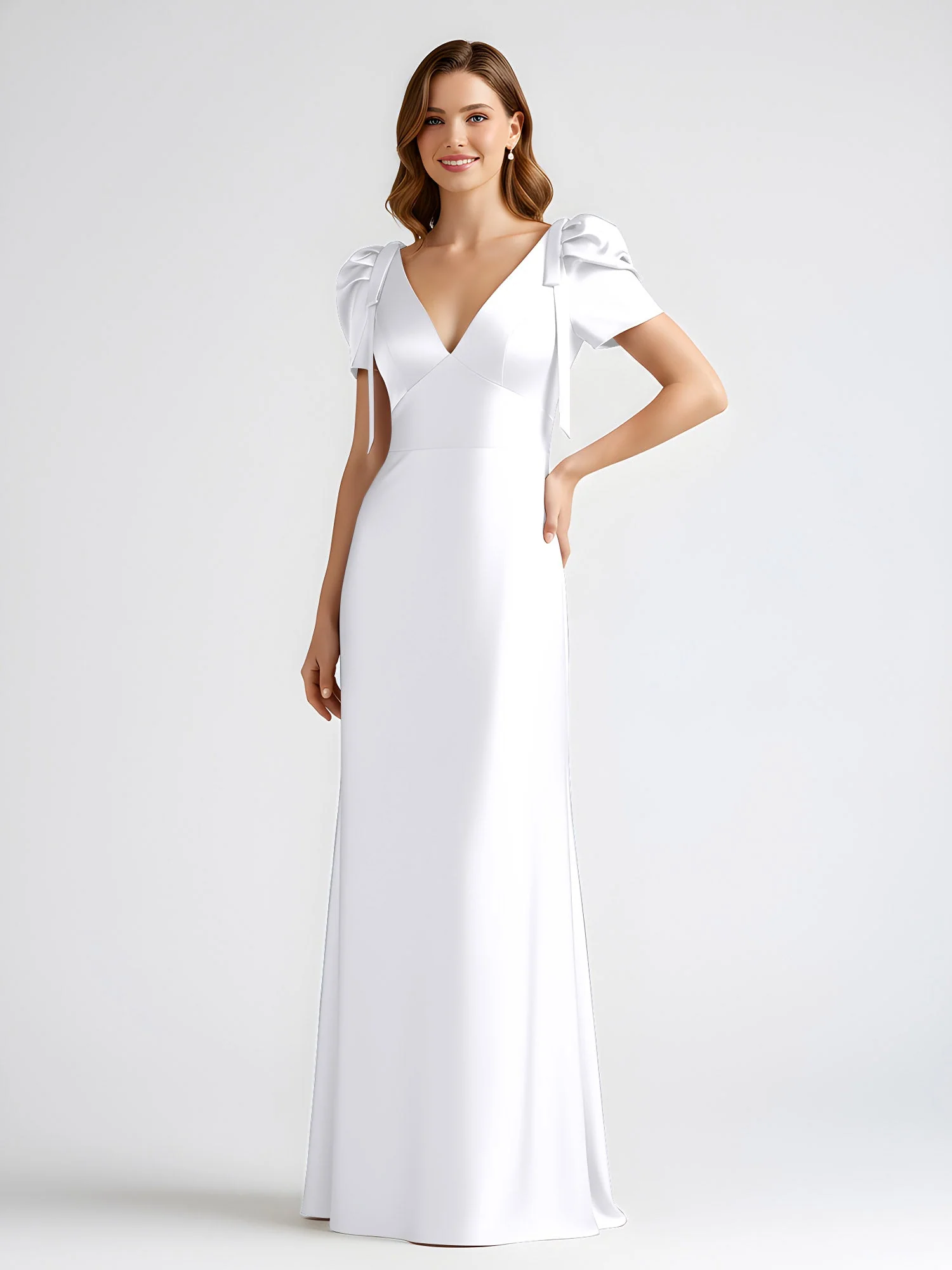 Schleife Detail Kurzarm Satin Säule Maxi Kleid Weiß - Image 3