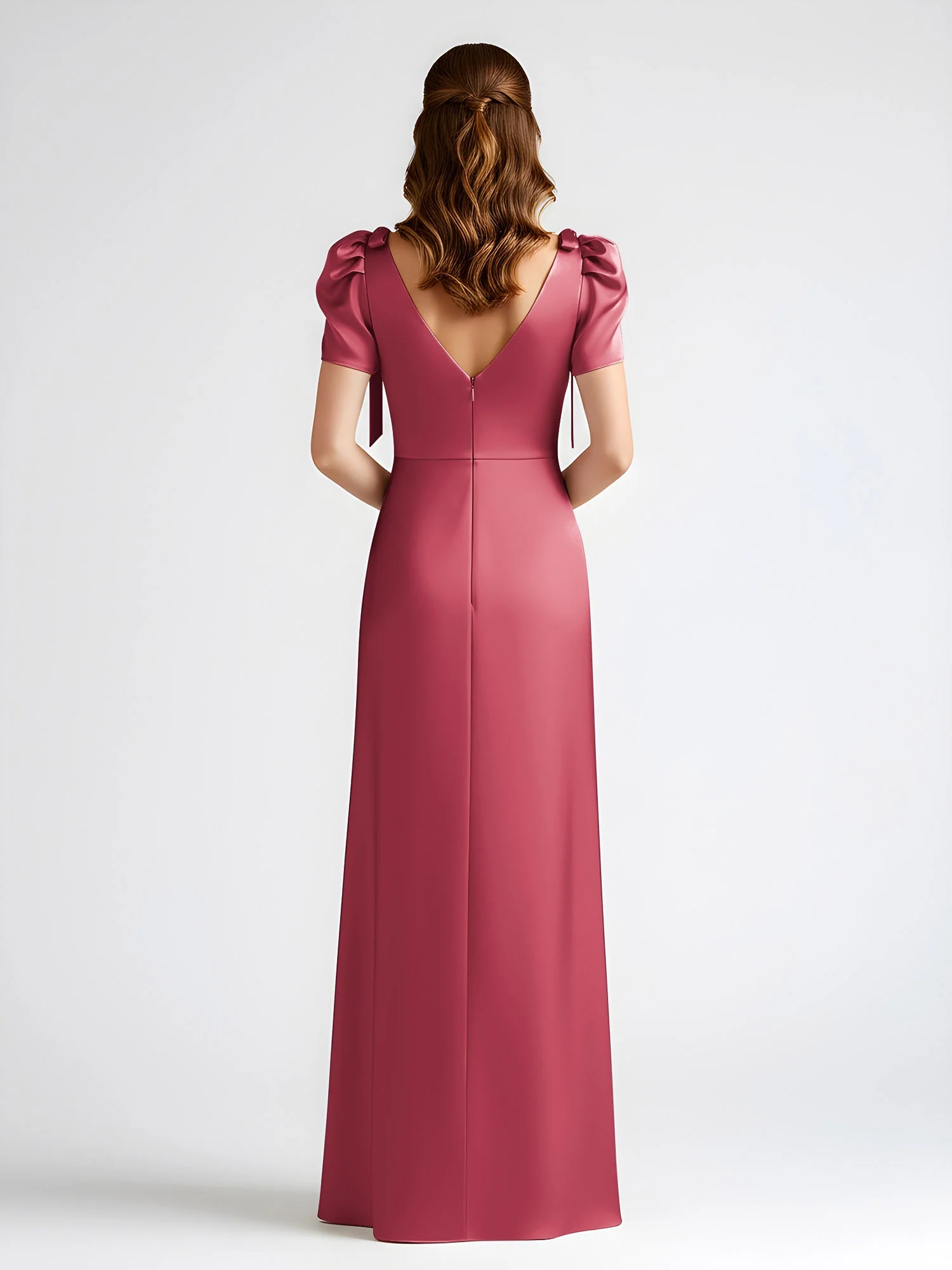 Schleife Detail Kurzarm Satin Säule Maxi Kleid Zimtrose - Image 2