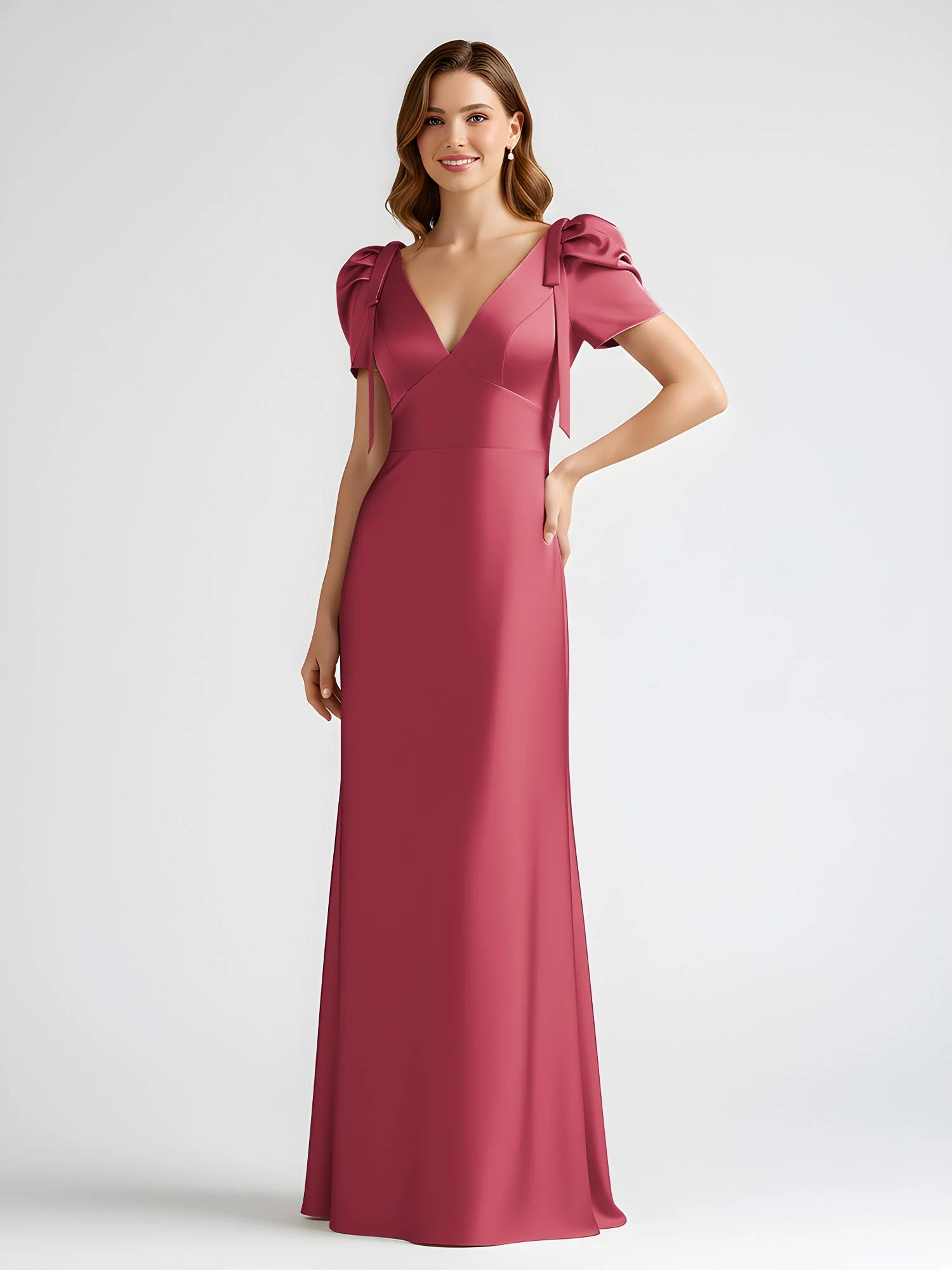 Schleife Detail Kurzarm Satin Säule Maxi Kleid Zimtrose - Image 3