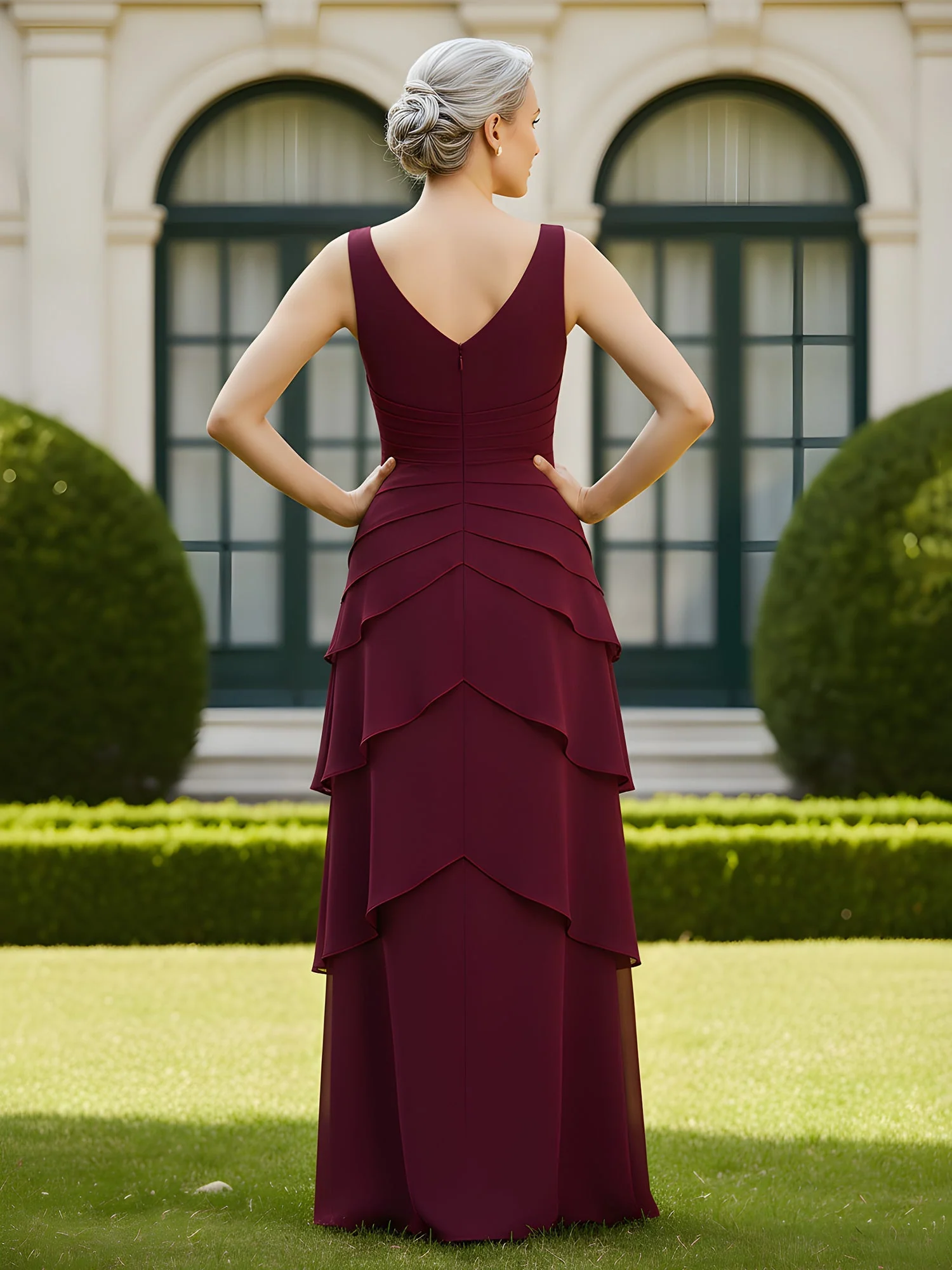 A-Linie Plissee V-Ausschnitt Rüschen Bodenlang Kleid Rot - Image 2