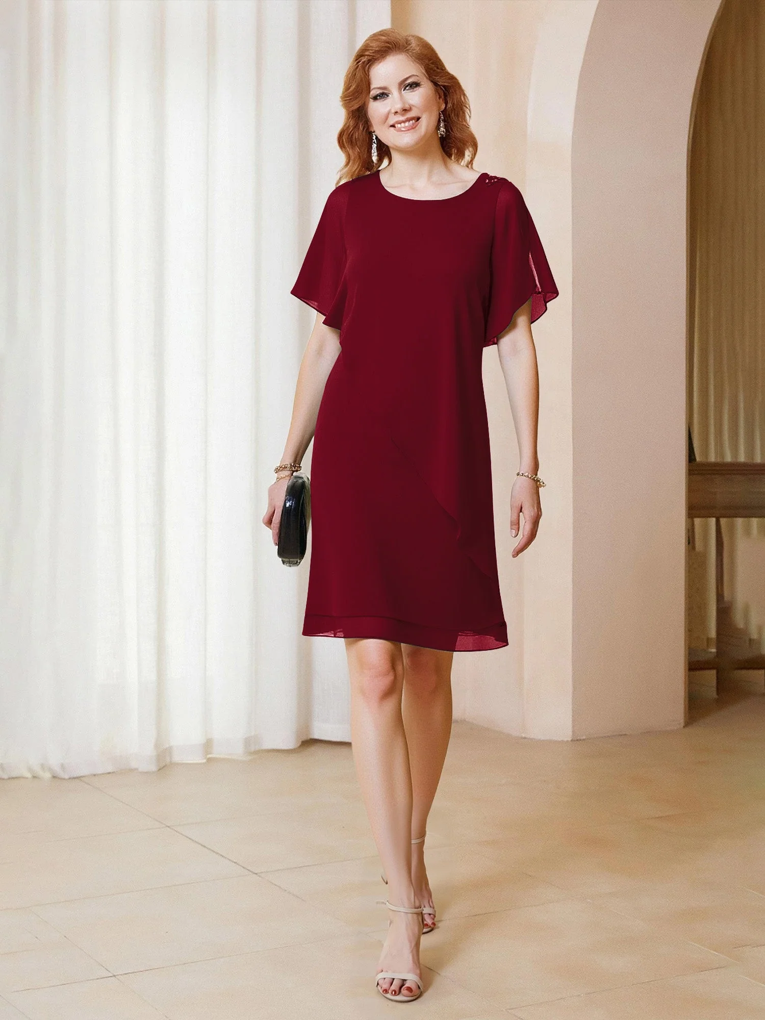 Perlen Scoop Flatterärmel Knielang Chiffon Kleid Burgunderrot