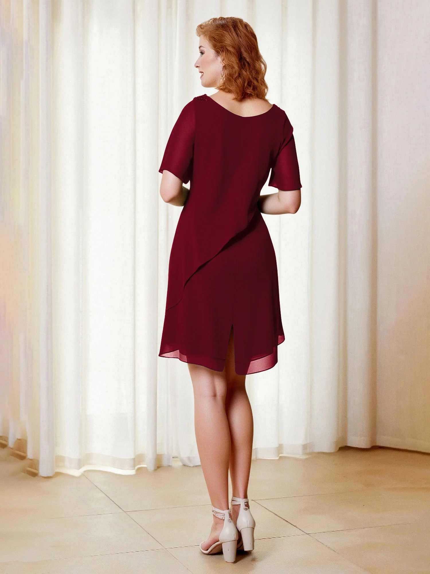 Perlen Scoop Flatterärmel Knielang Chiffon Kleid Burgunderrot - Image 2