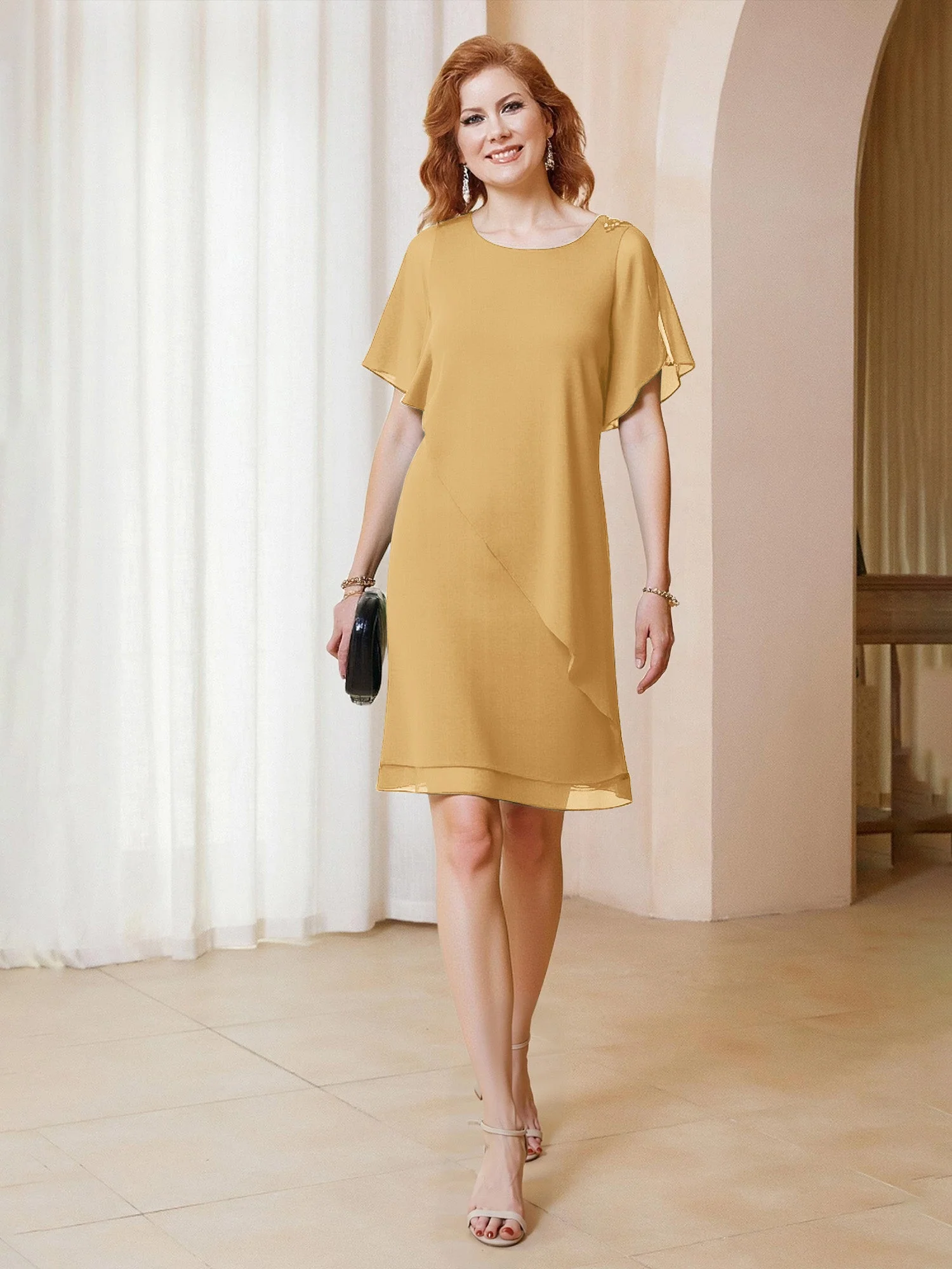 Perlen Scoop Flatterärmel Knielang Chiffon Kleid Gold