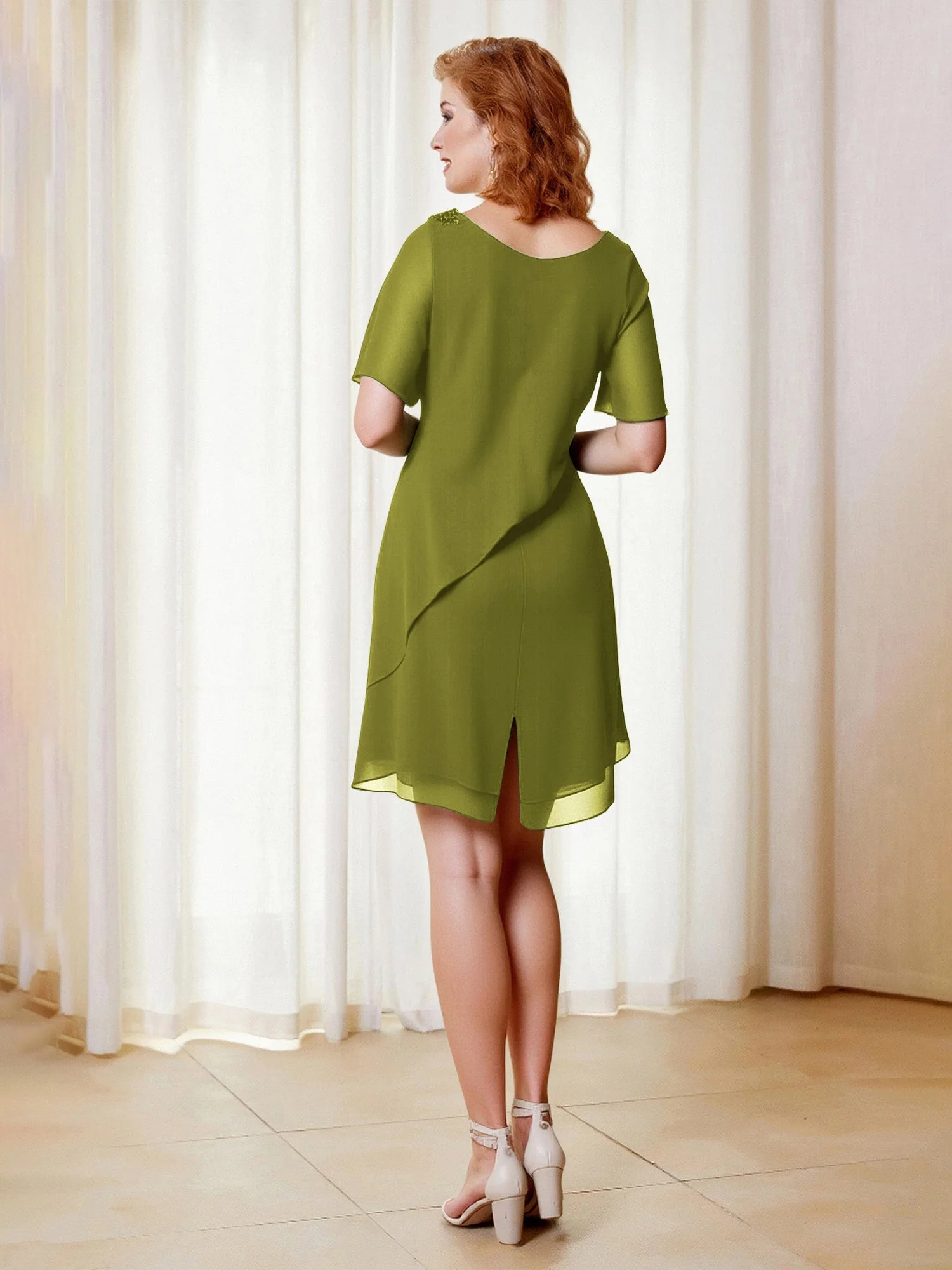 Perlen Scoop Flatterärmel Knielang Chiffon Kleid Kleegrün - Image 2
