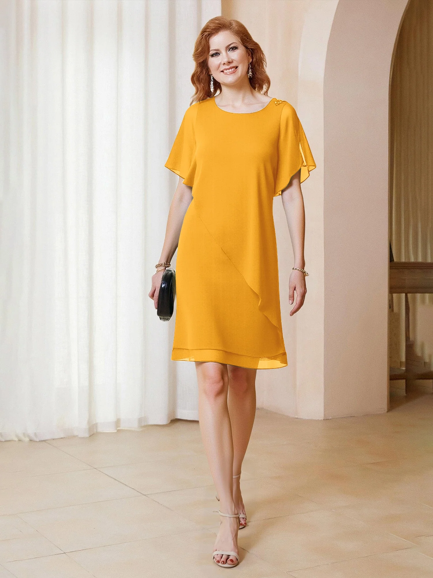 Perlen Scoop Flatterärmel Knielang Chiffon Kleid Mandarine