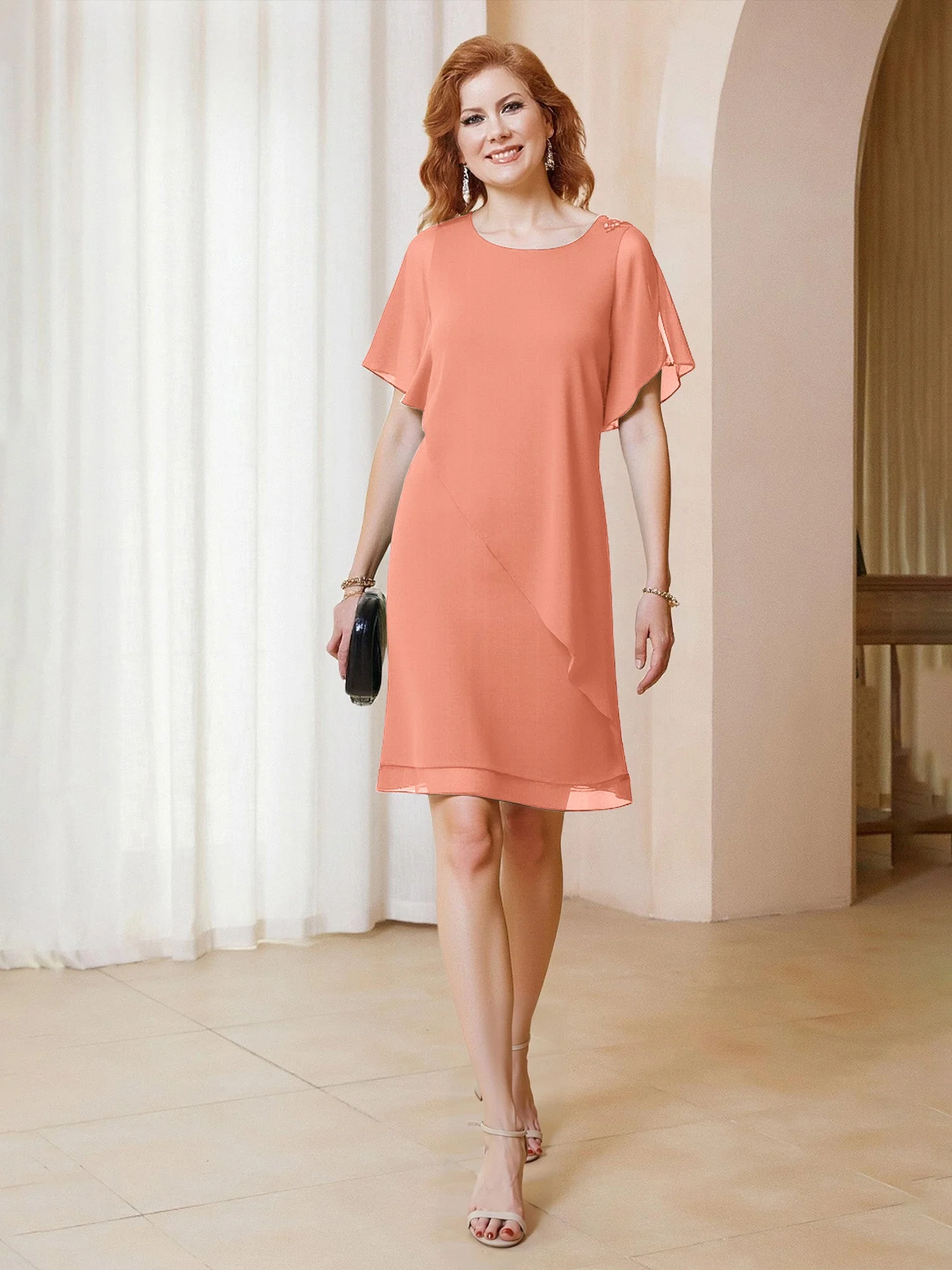 Perlen Scoop FlatterÀrmel Knielang Chiffon Kleid Papaya