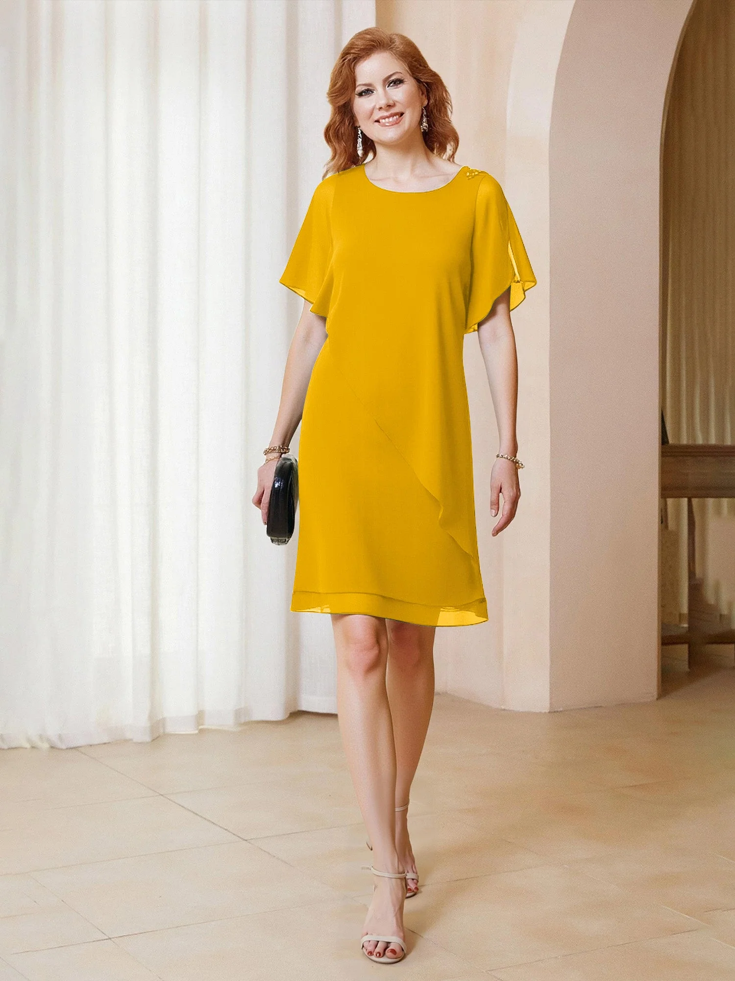 Perlen Scoop Flatterärmel Knielang Chiffon Kleid Ringelblume