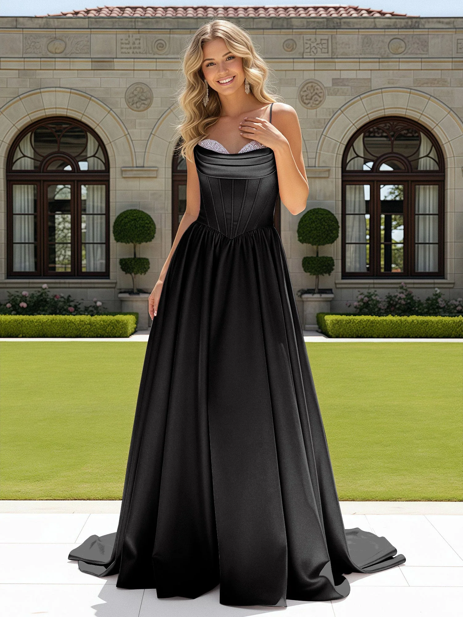 Perlen Herzform Korsett Schleppe Kleid Black