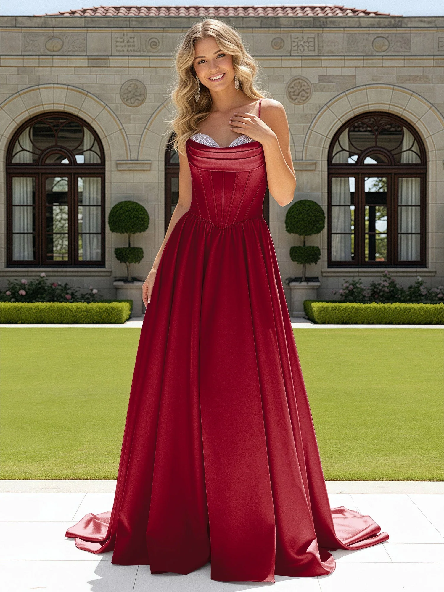 Perlen Herzform Korsett Schleppe Kleid Burgundy