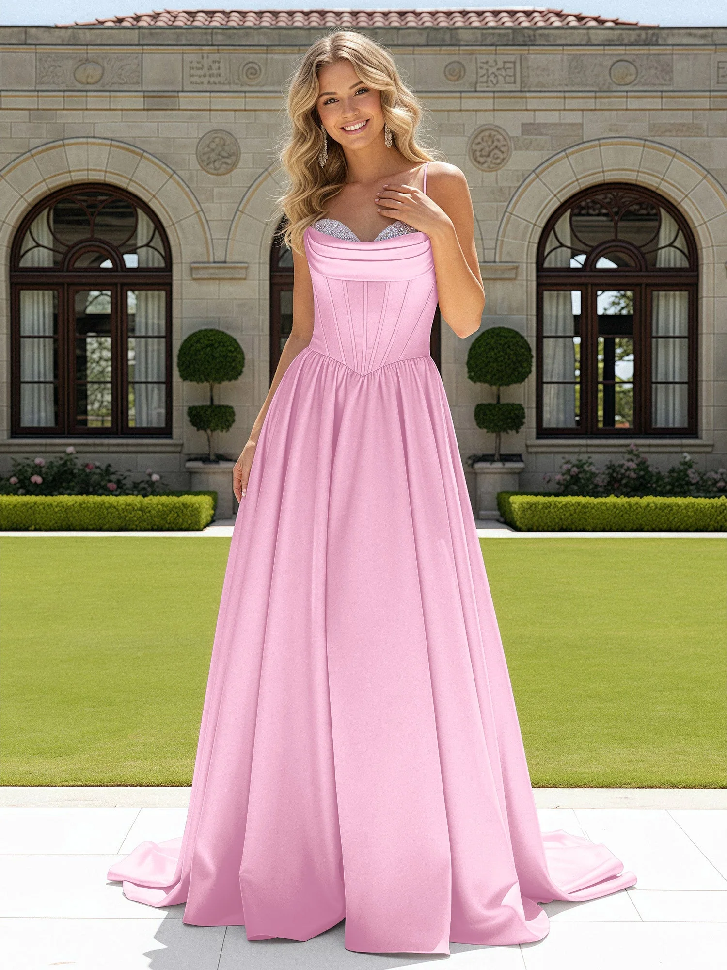 Perlen Herzform Korsett Schleppe Kleid Candy Pink