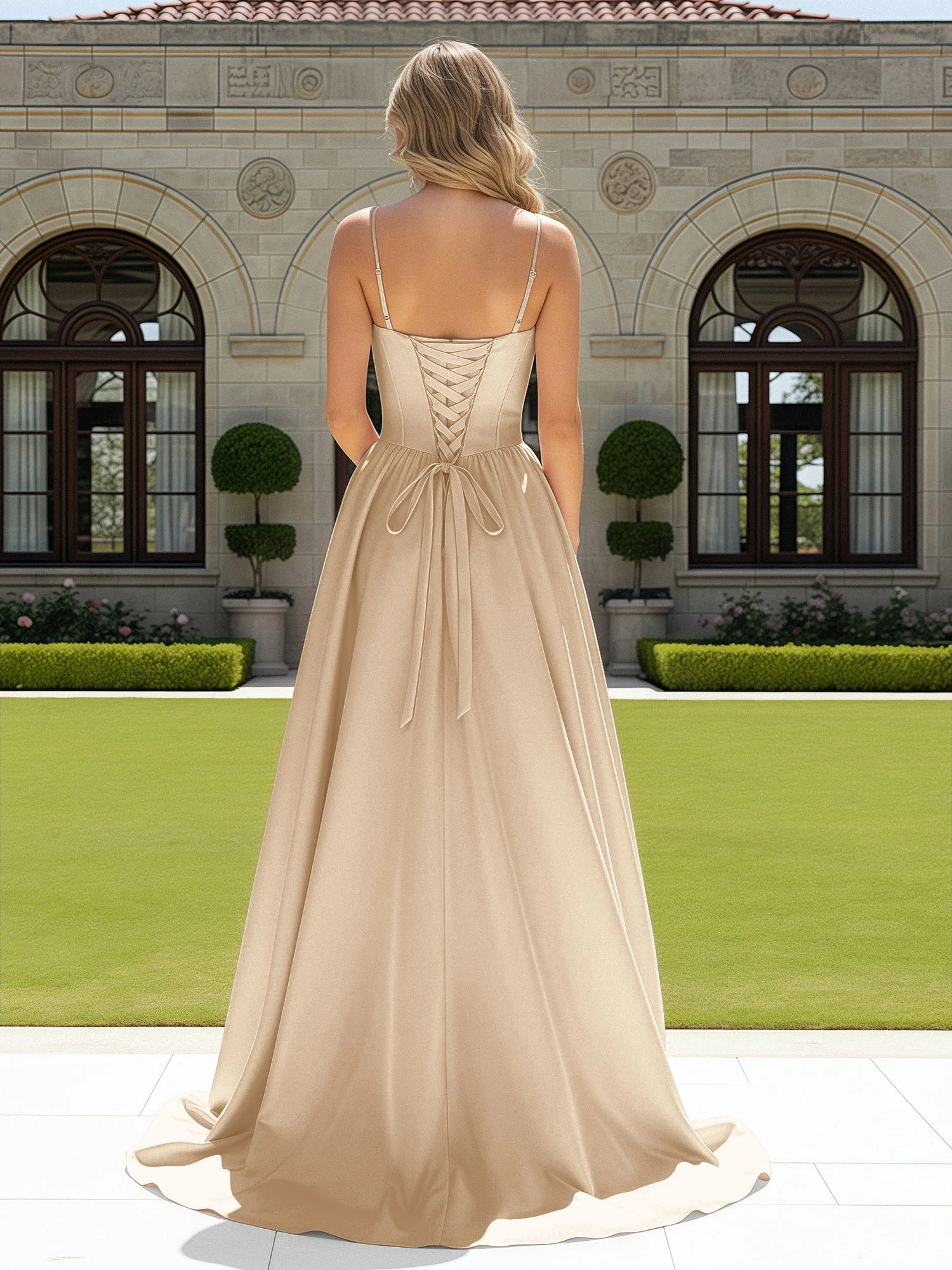 Perlen Herzform Korsett Schleppe Kleid Champagne - Image 2