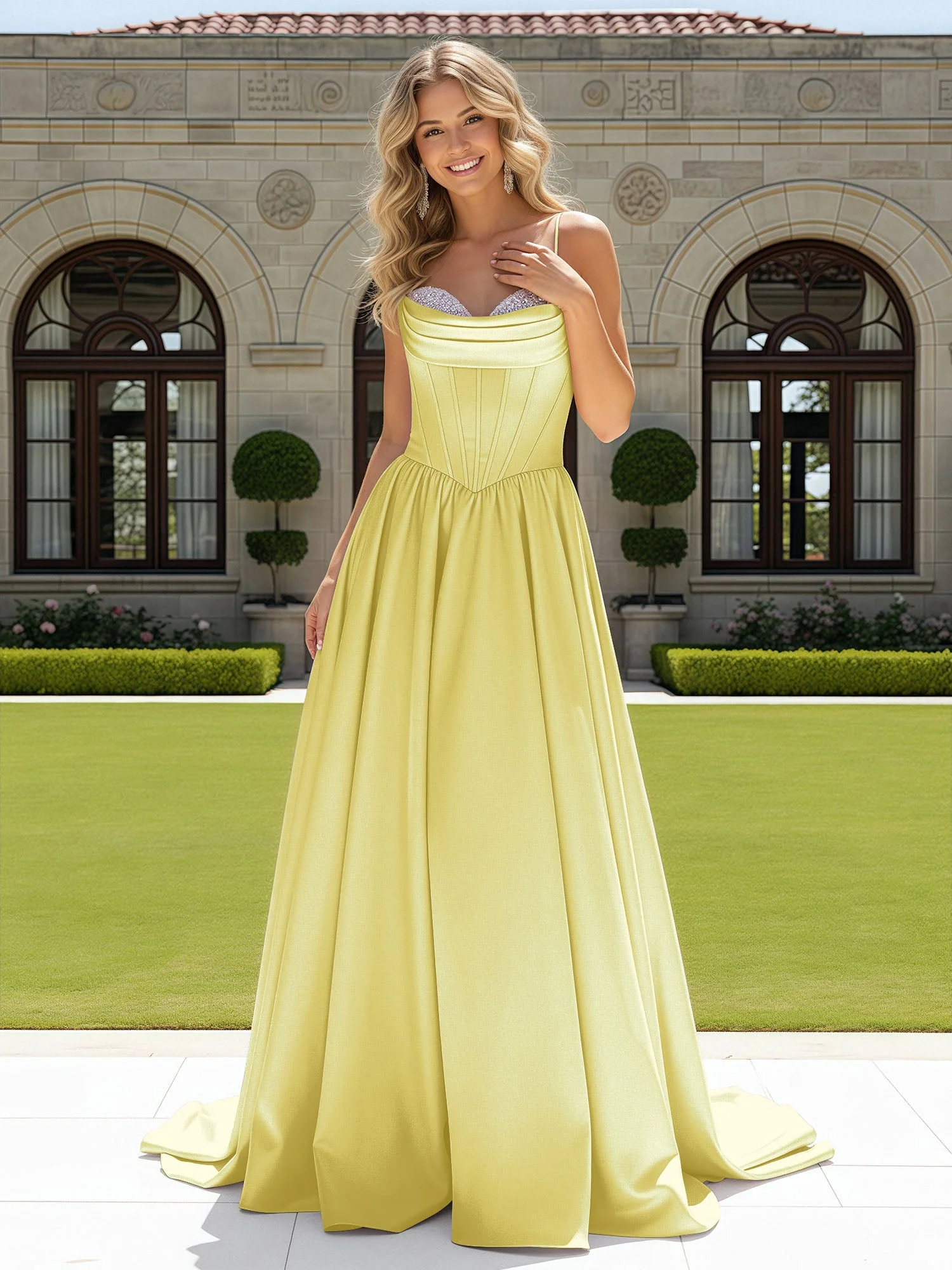 Perlen Herzform Korsett Schleppe Kleid Daffodil