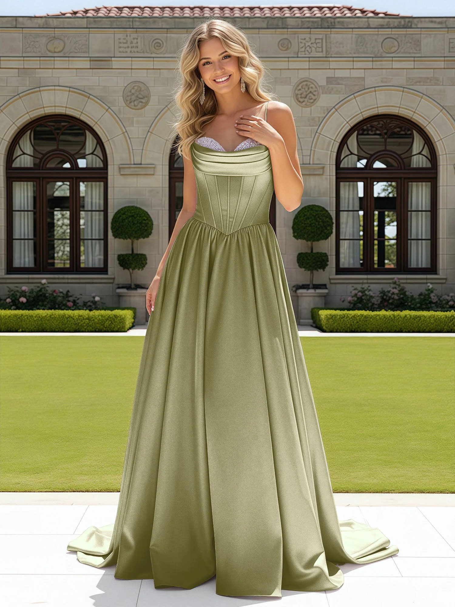 Perlen Herzform Korsett Schleppe Kleid Dusty Sage