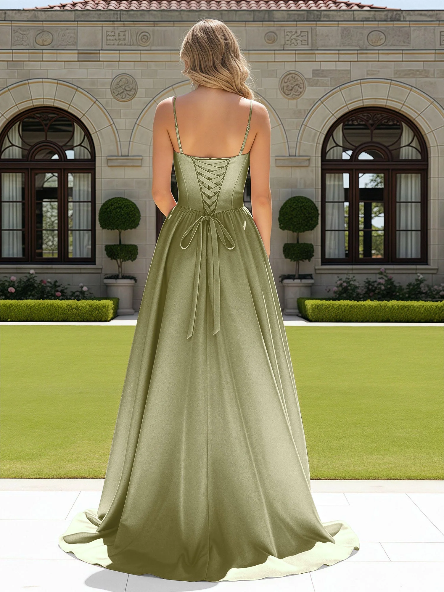 Perlen Herzform Korsett Schleppe Kleid Dusty Sage - Image 2
