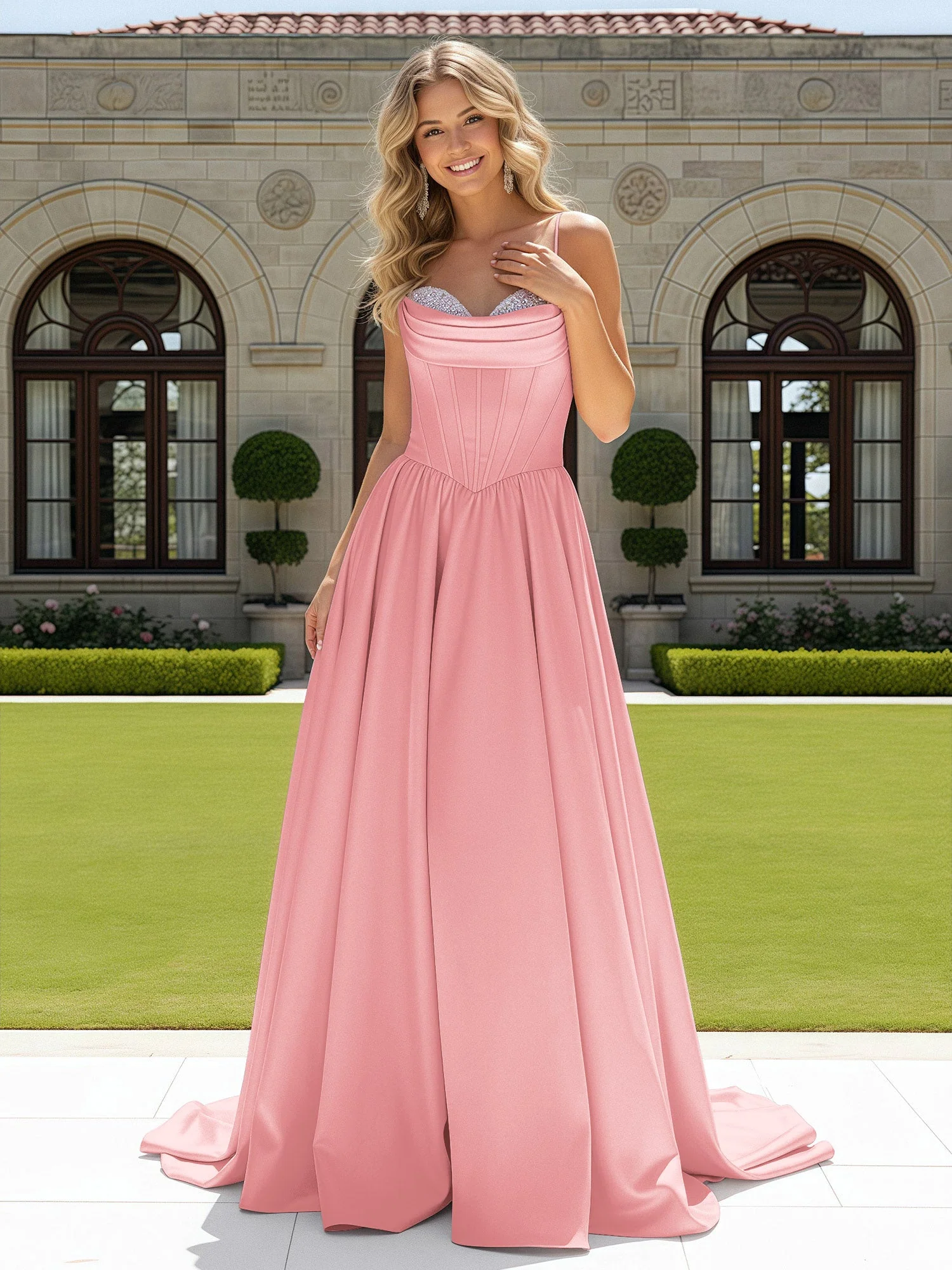 Perlen Herzform Korsett Schleppe Kleid Flamingo
