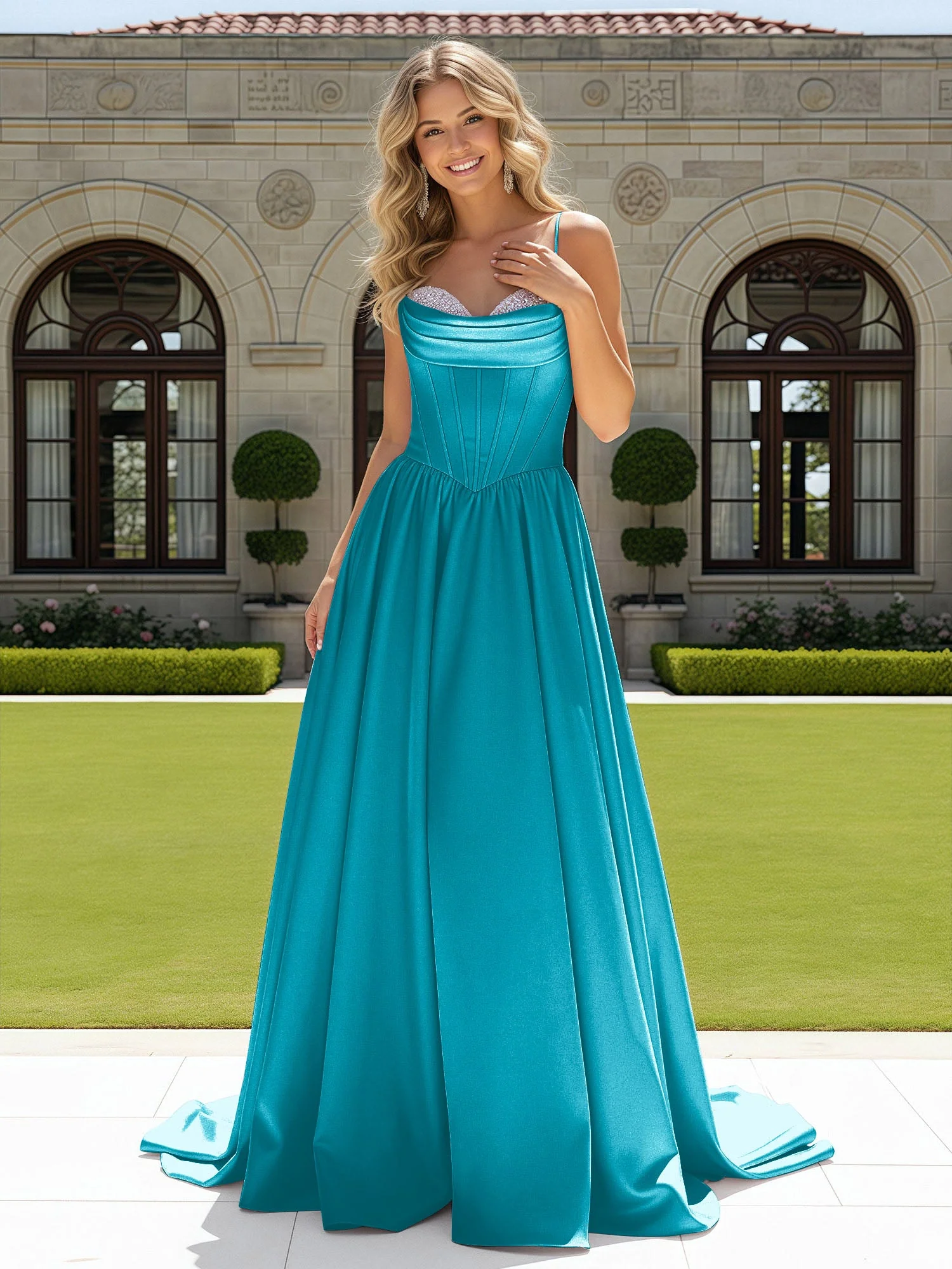 Perlen Herzform Korsett Schleppe Kleid Jade