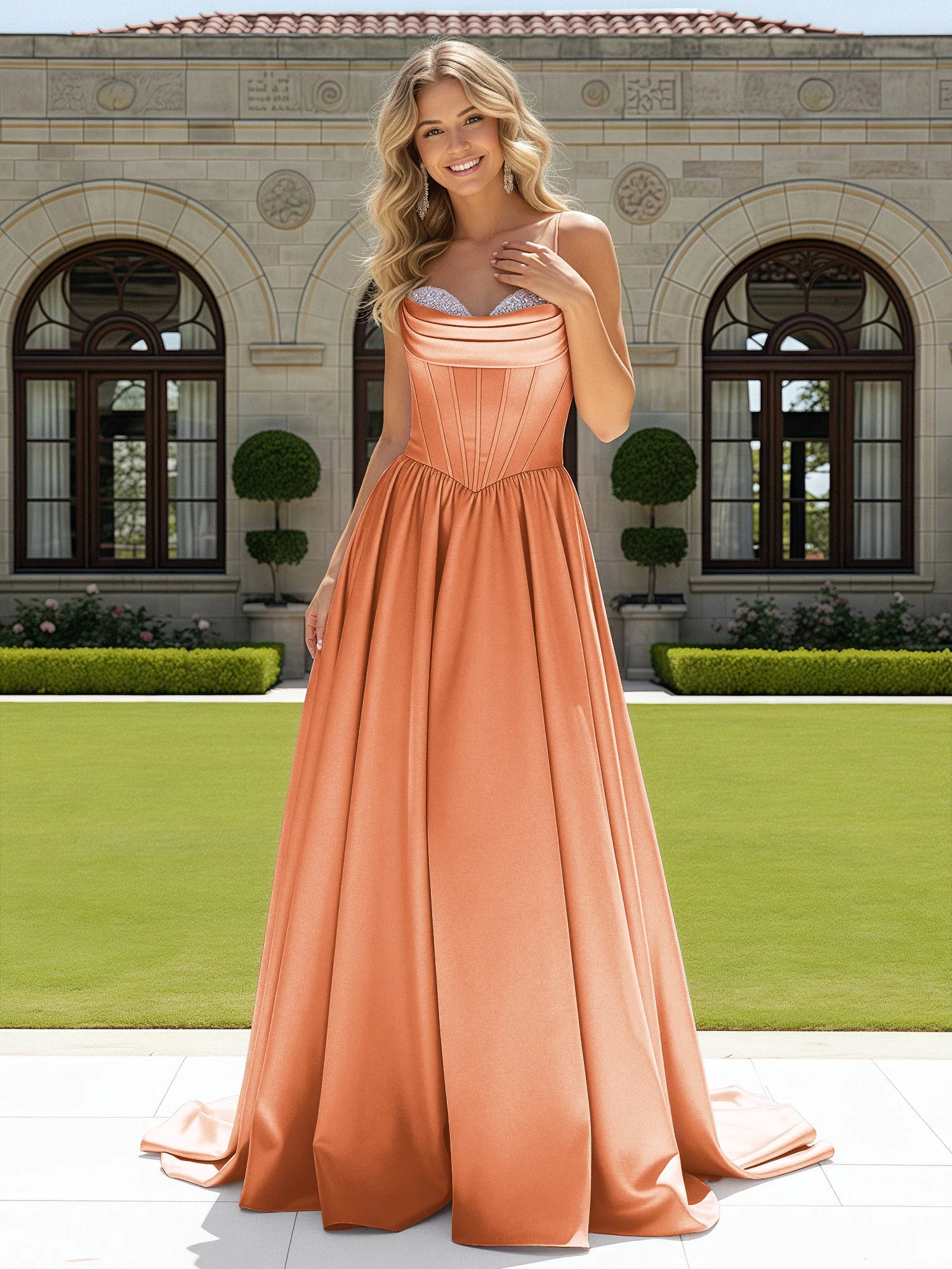 Perlen Herzform Korsett Schleppe Kleid Papaya