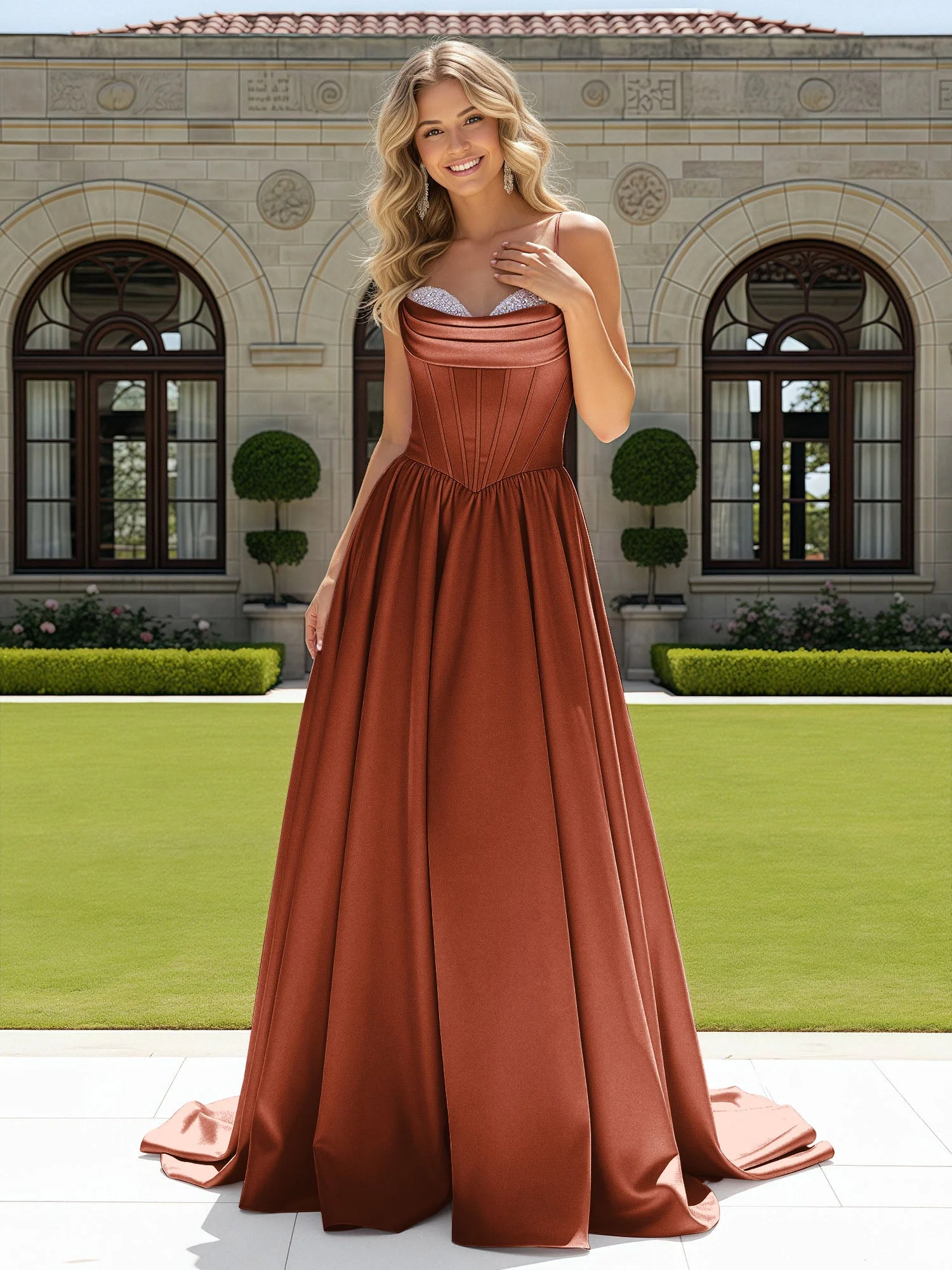 Perlen Herzform Korsett Schleppe Kleid Rust