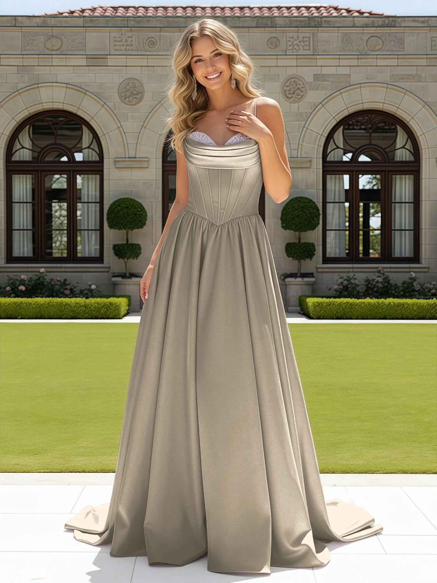 Perlen Herzform Korsett Schleppe Kleid Taupe