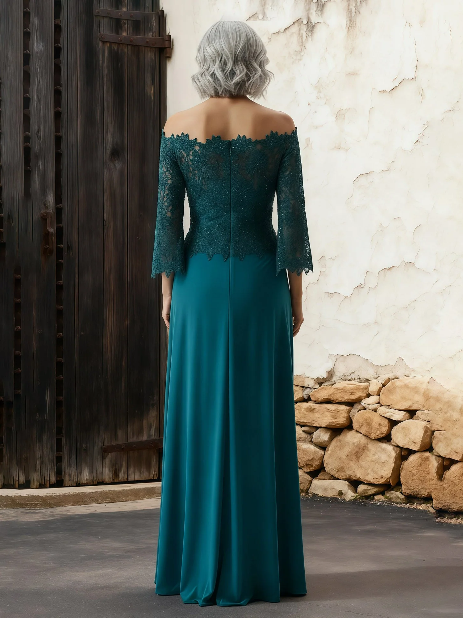 A-Linie Spitze Schulterfrei Rüschen Kleid mit Schlitz Pfau - Image 2