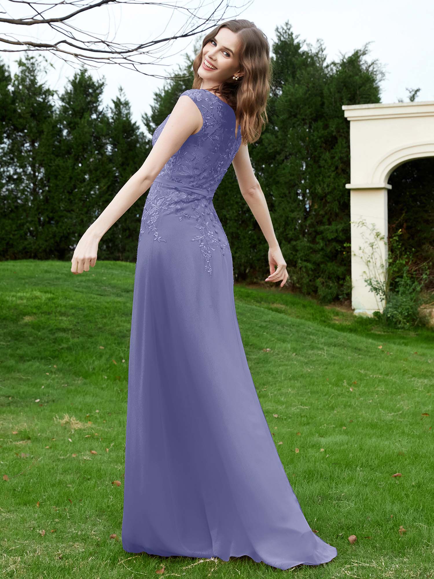 Elegant Illusion Spitze Applique Kleid mit Knöpfen Periwinkleblau - Image 2