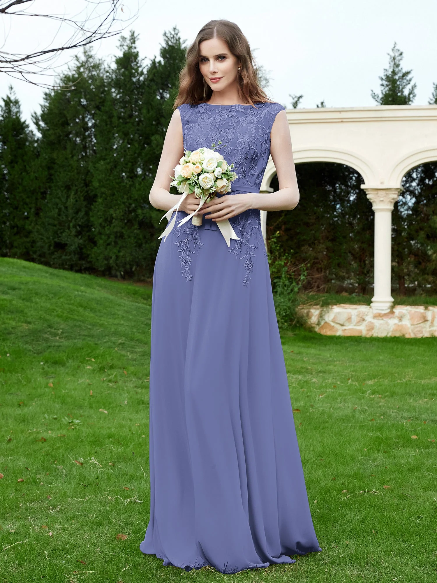 Elegant Illusion Spitze Applique Kleid mit Knöpfen Periwinkleblau - Image 3