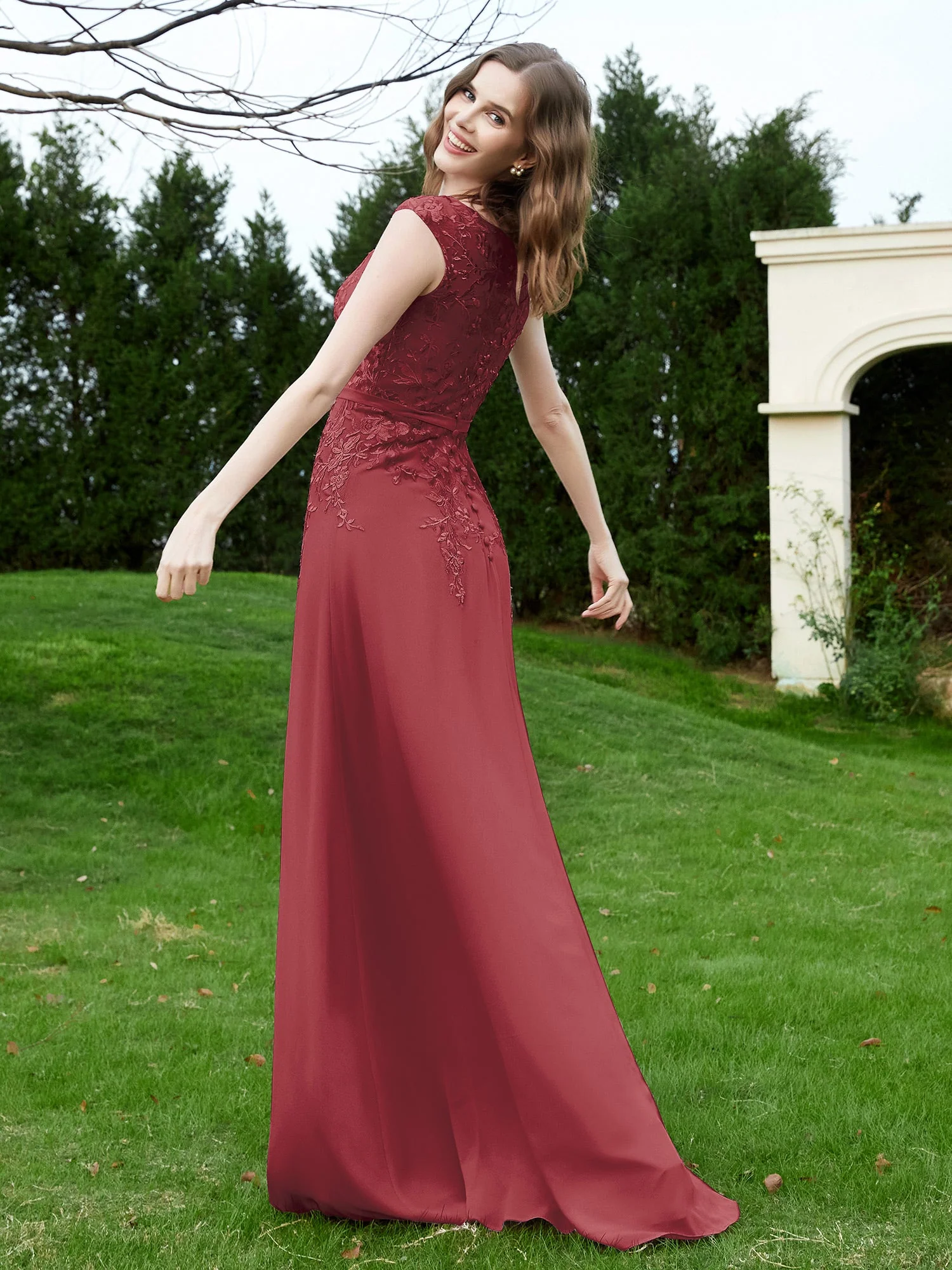 Elegant Illusion Spitze Applique Kleid mit Knöpfen Zimtrose - Image 2