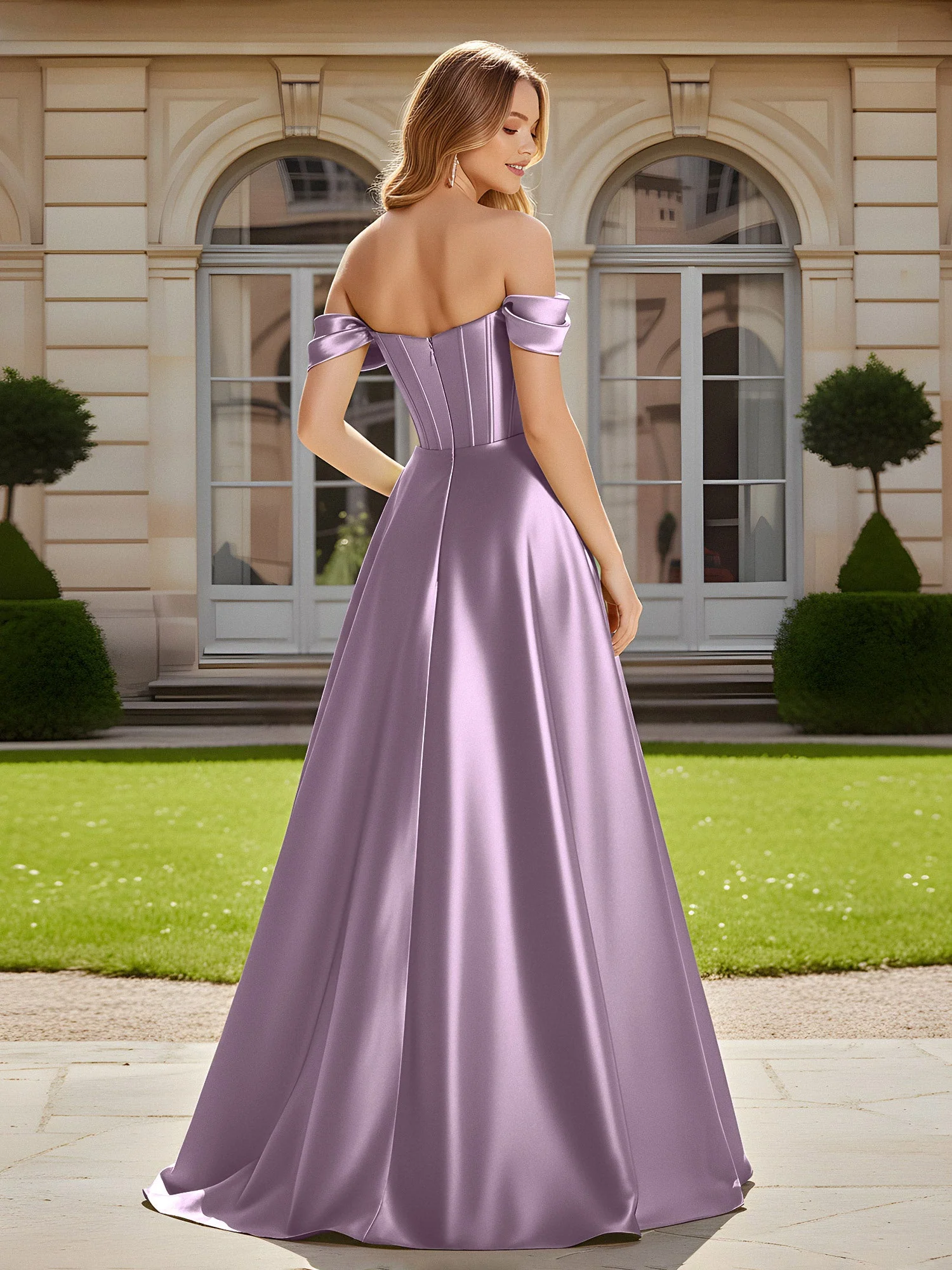 Elegant Schulterfrei Plissee Maxi Kleid mit Schlitz Blauregen - Image 2