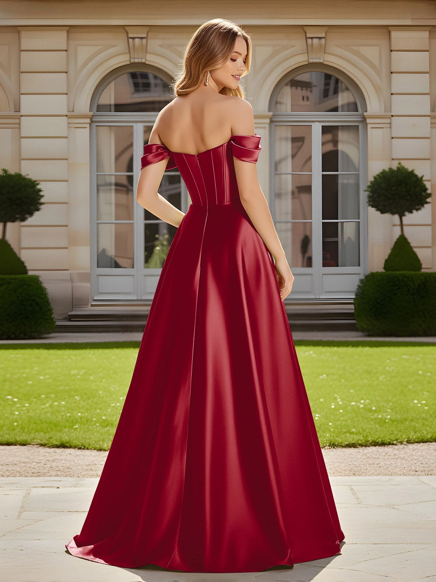 Elegant Schulterfrei Plissee Maxi Kleid mit Schlitz Burgunderrot - Image 2
