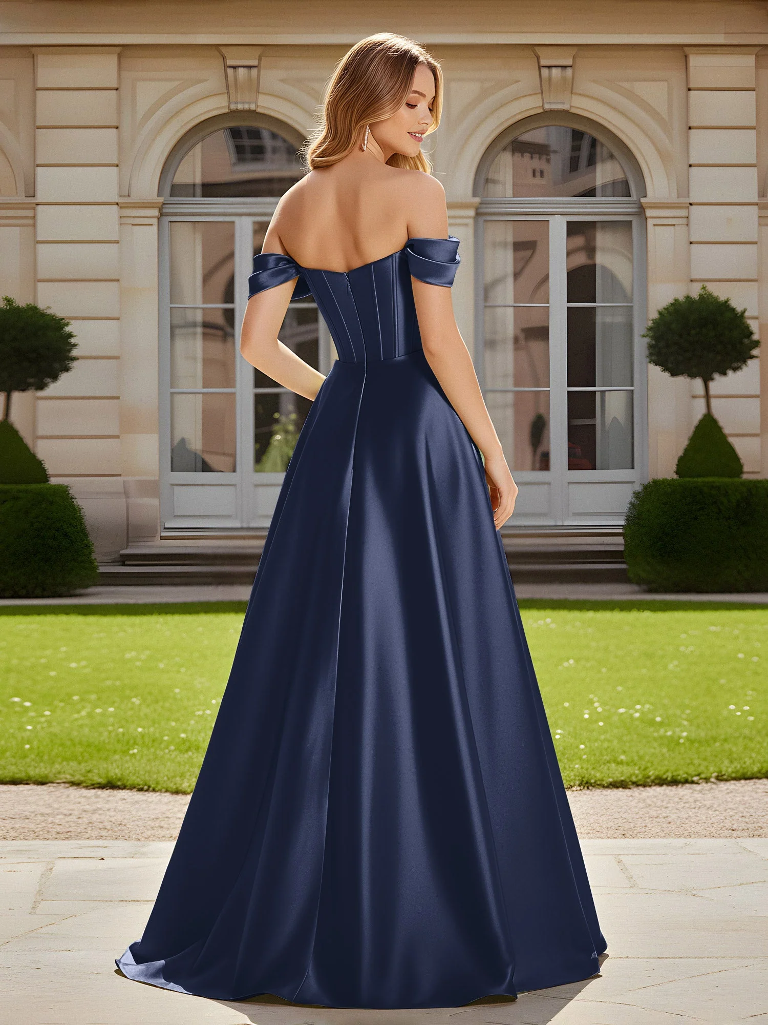 Elegant Schulterfrei Plissee Maxi Kleid mit Schlitz Dunkelmarine - Image 2