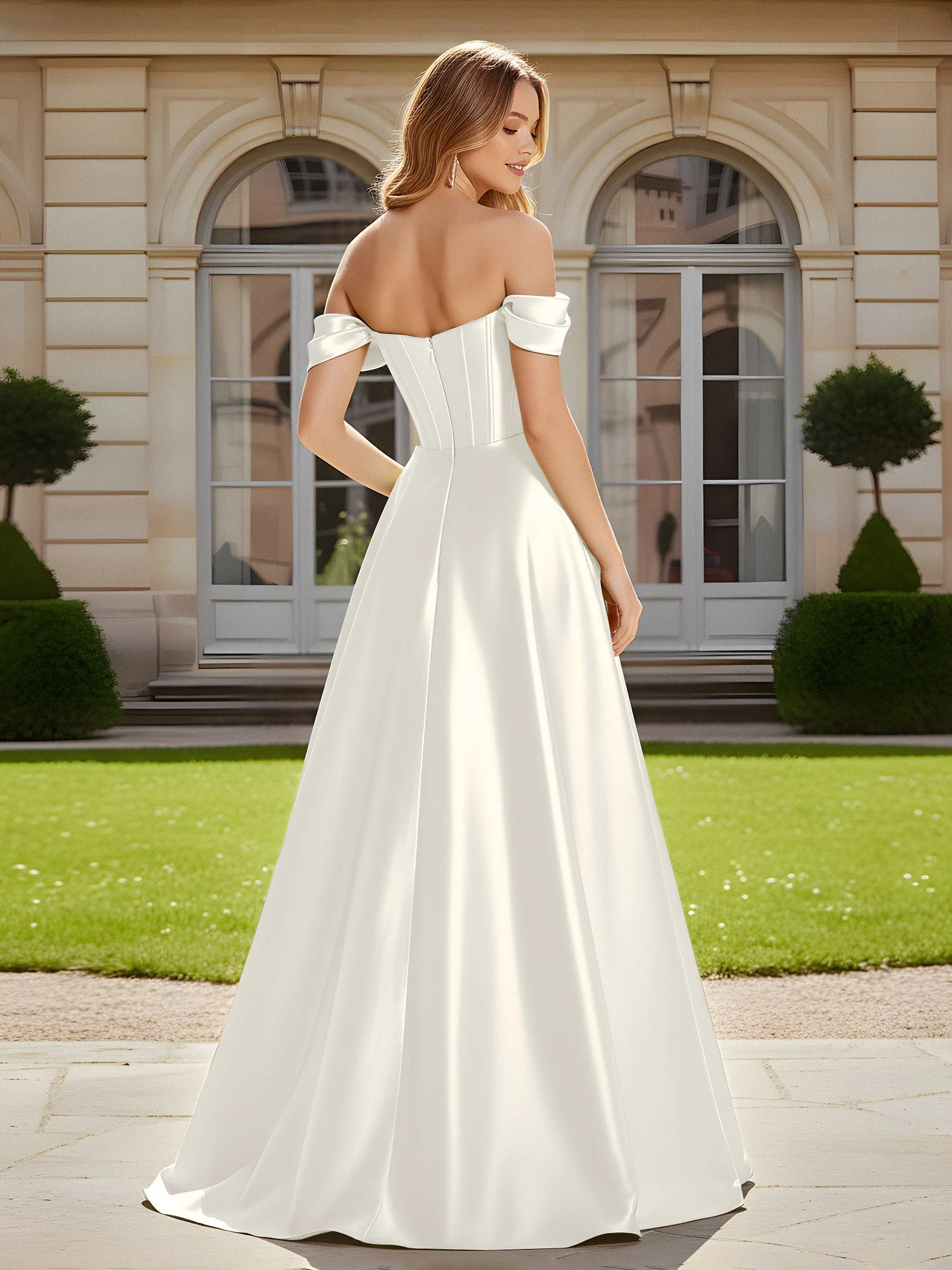 Elegant Schulterfrei Plissee Maxi Kleid mit Schlitz Elfenbein - Image 2