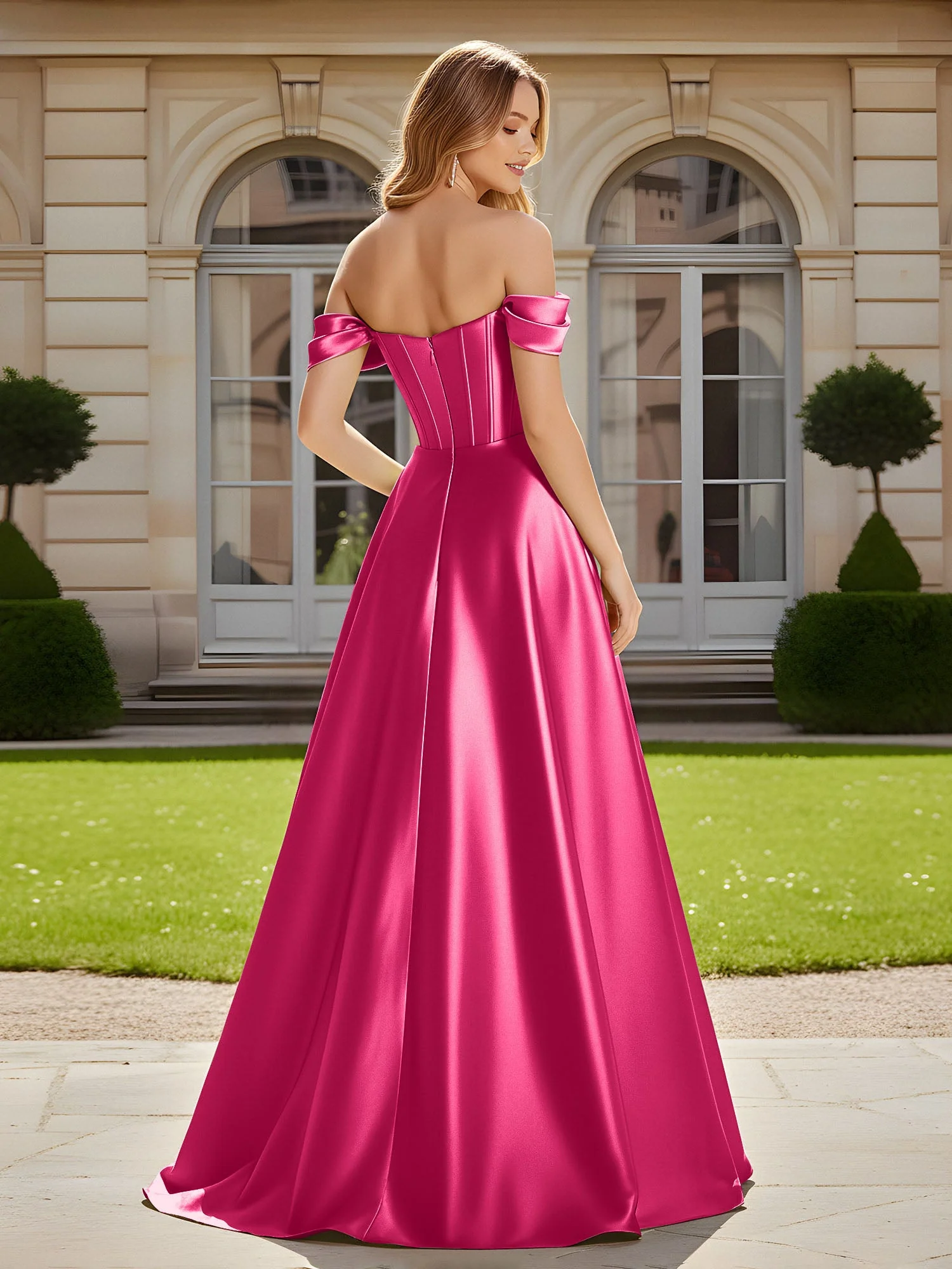 Elegant Schulterfrei Plissee Maxi Kleid mit Schlitz Fuchsia - Image 2