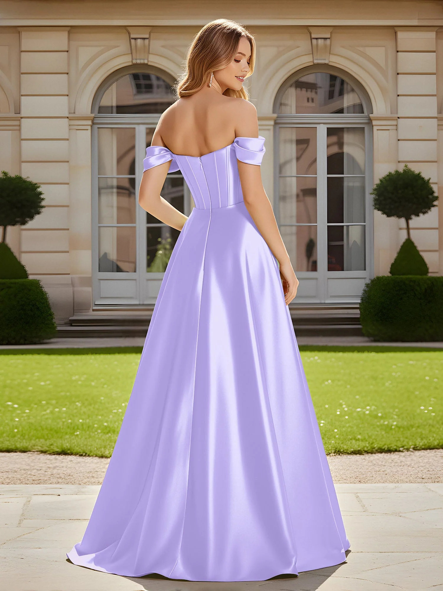 Elegant Schulterfrei Plissee Maxi Kleid mit Schlitz Lila - Image 2