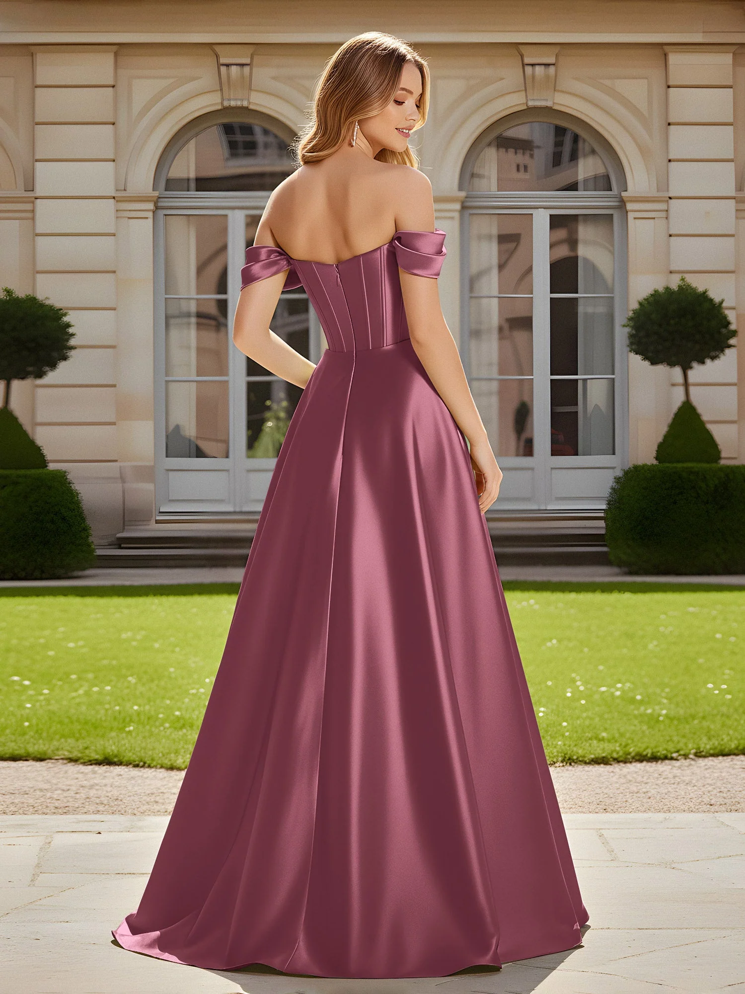 Elegant Schulterfrei Plissee Maxi Kleid mit Schlitz Maulbeere - Image 2