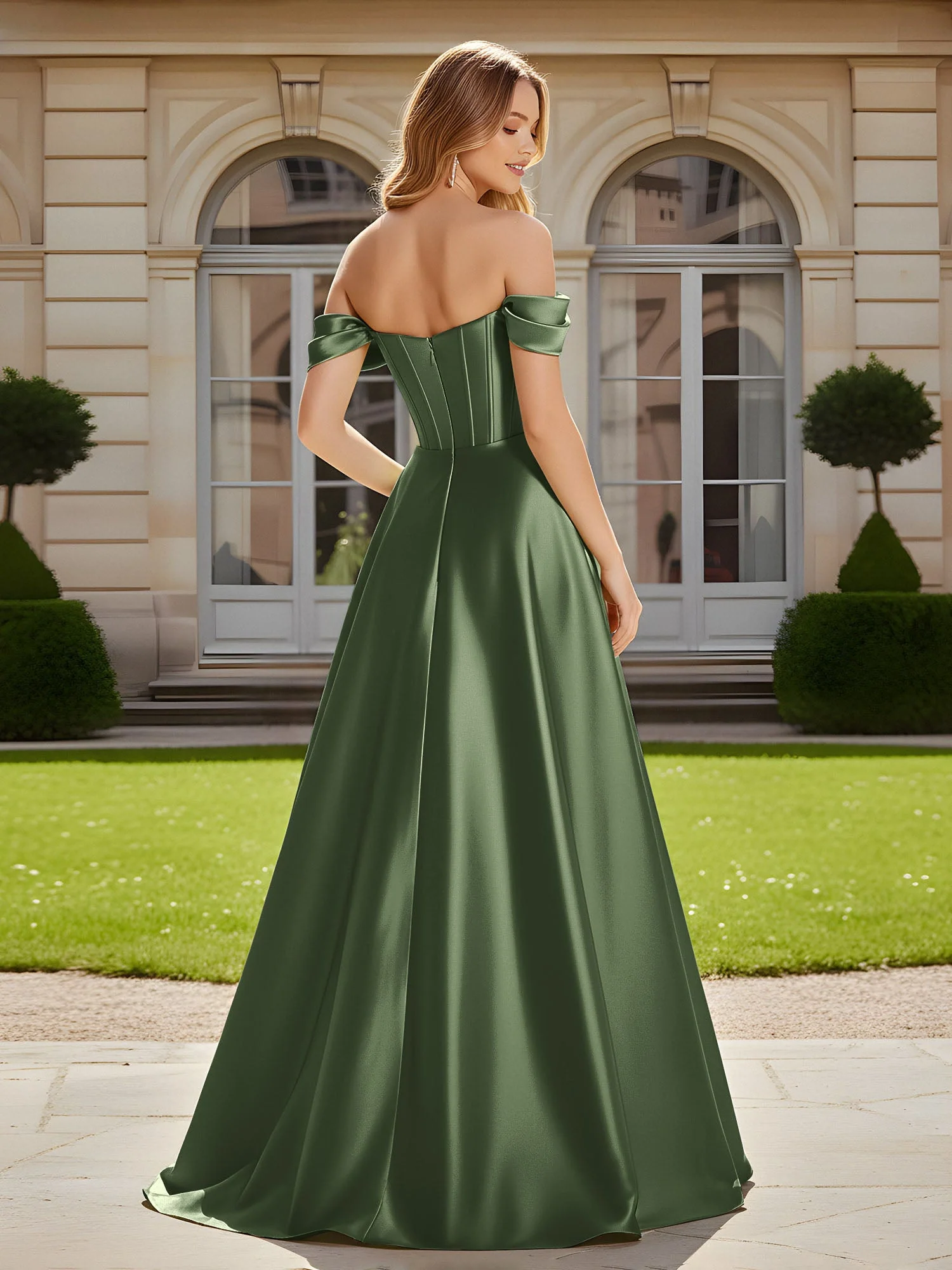 Elegant Schulterfrei Plissee Maxi Kleid mit Schlitz Olivgrün - Image 2