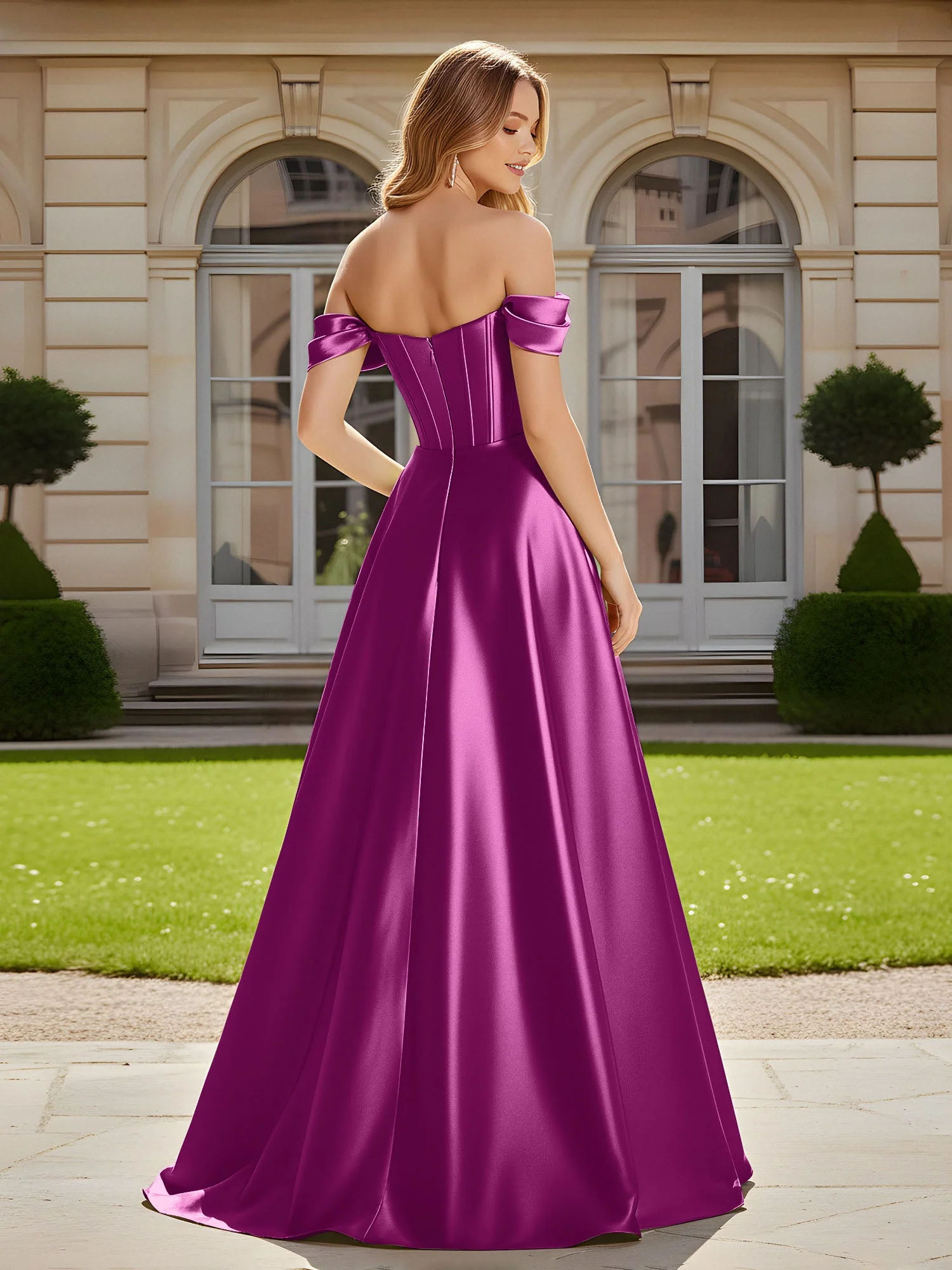 Elegant Schulterfrei Plissee Maxi Kleid mit Schlitz Orchidee - Image 2