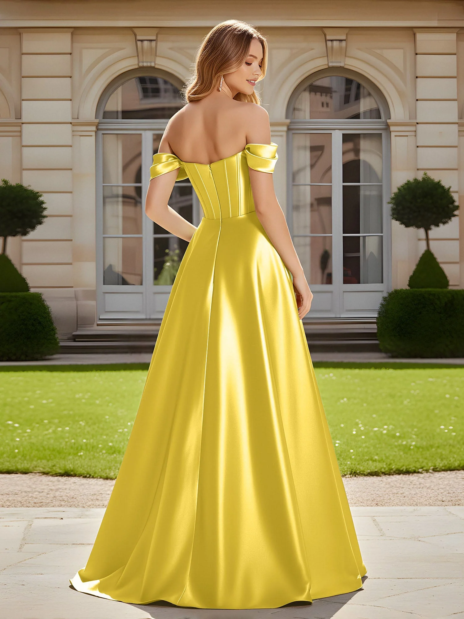 Elegant Schulterfrei Plissee Maxi Kleid mit Schlitz Ringelblume - Image 2