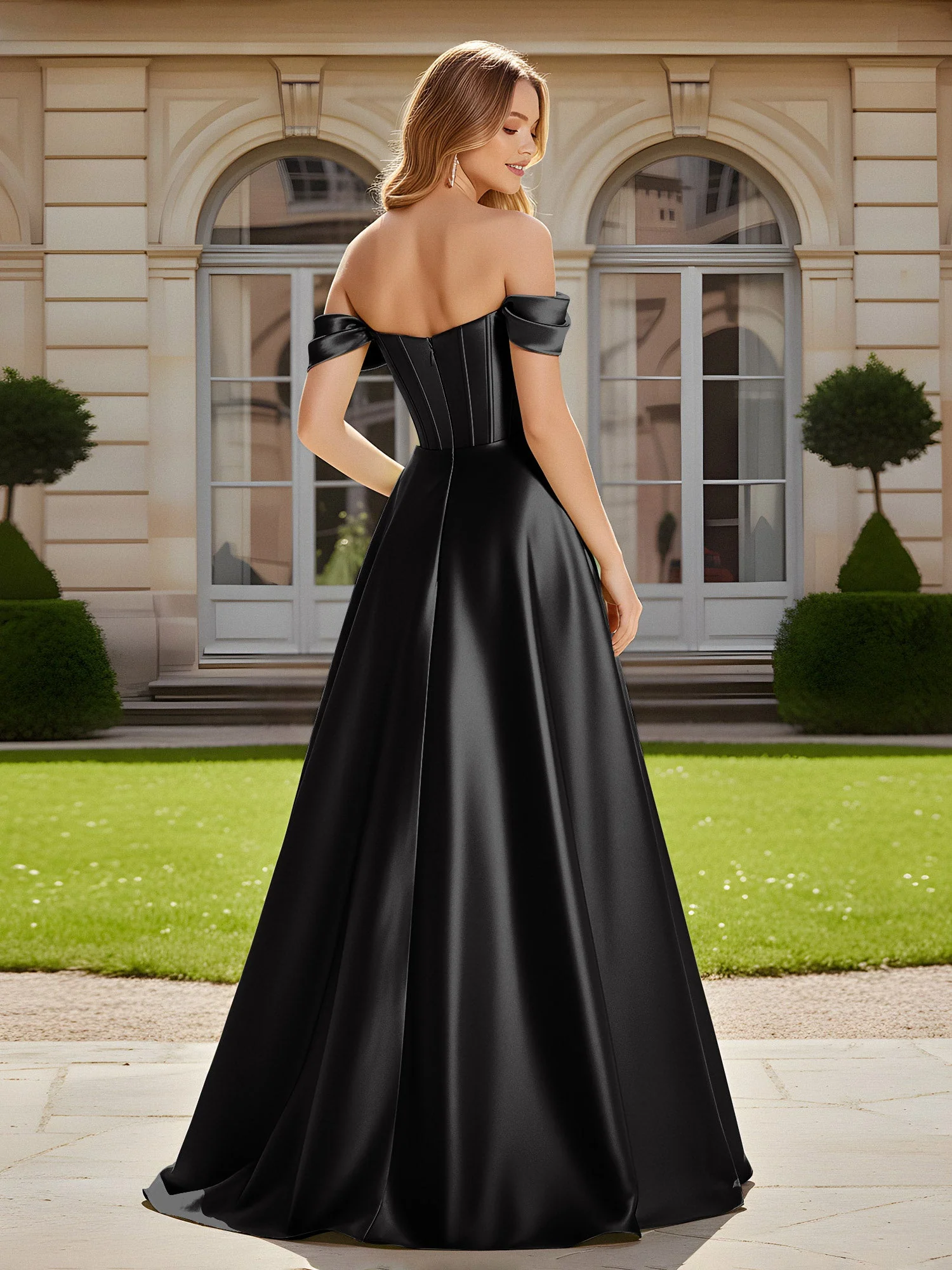 Elegant Schulterfrei Plissee Maxi Kleid mit Schlitz Schwarz - Image 2