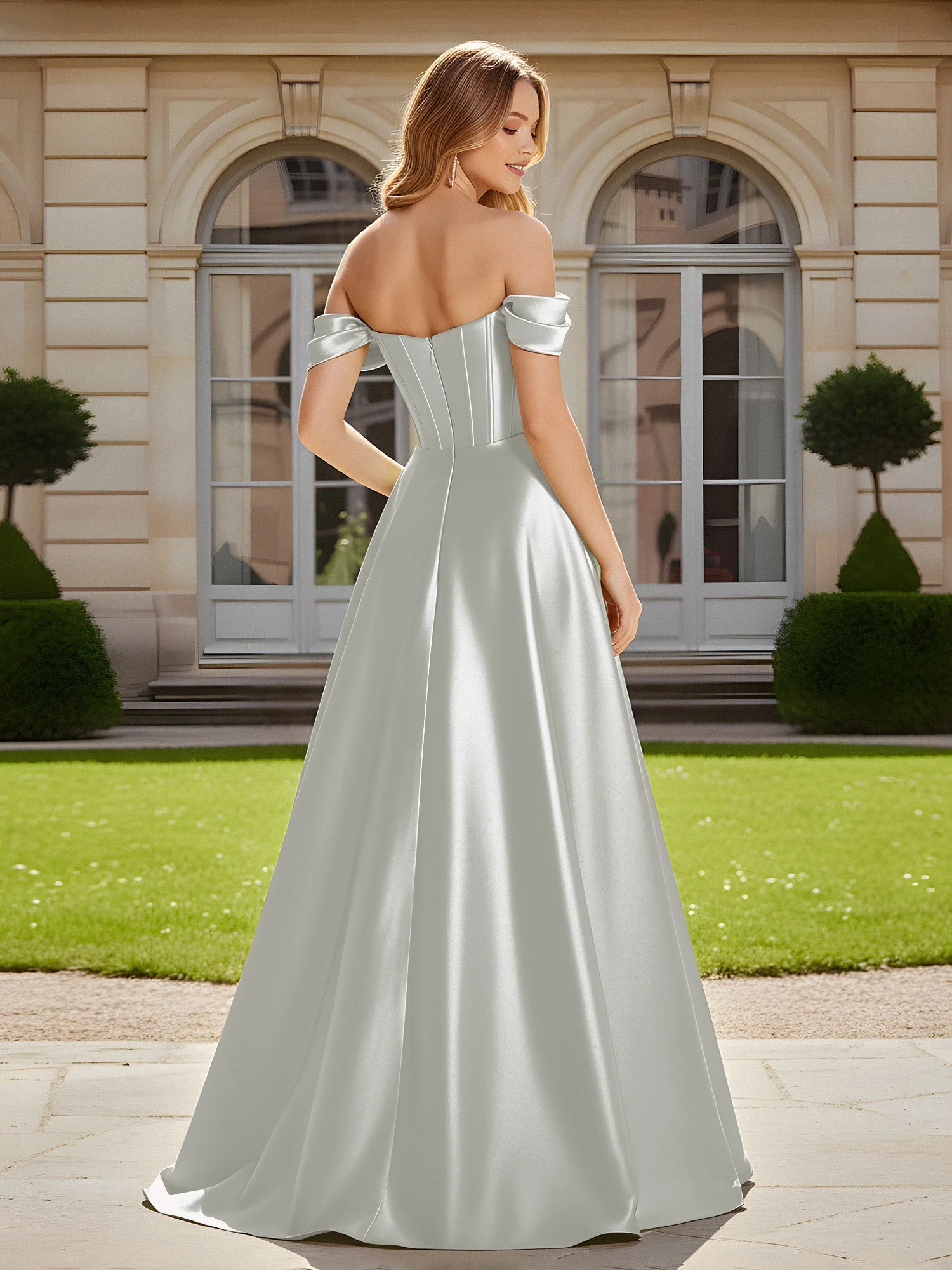 Elegant Schulterfrei Plissee Maxi Kleid mit Schlitz Silber - Image 2