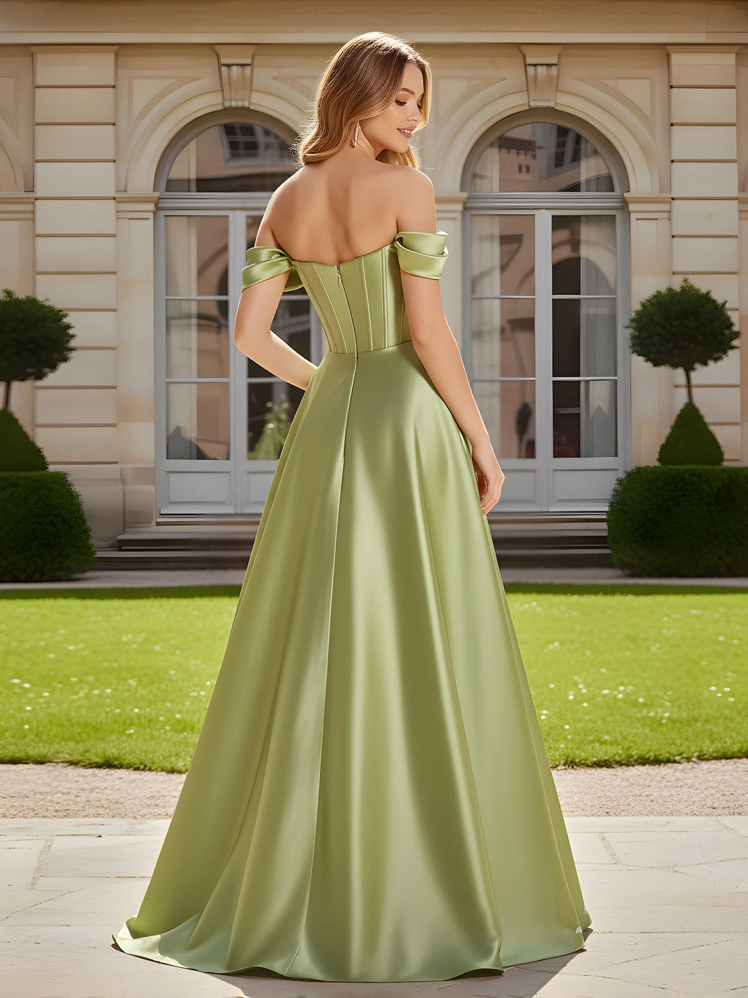 Elegant Schulterfrei Plissee Maxi Kleid mit Schlitz Staubiges Salbei - Image 2