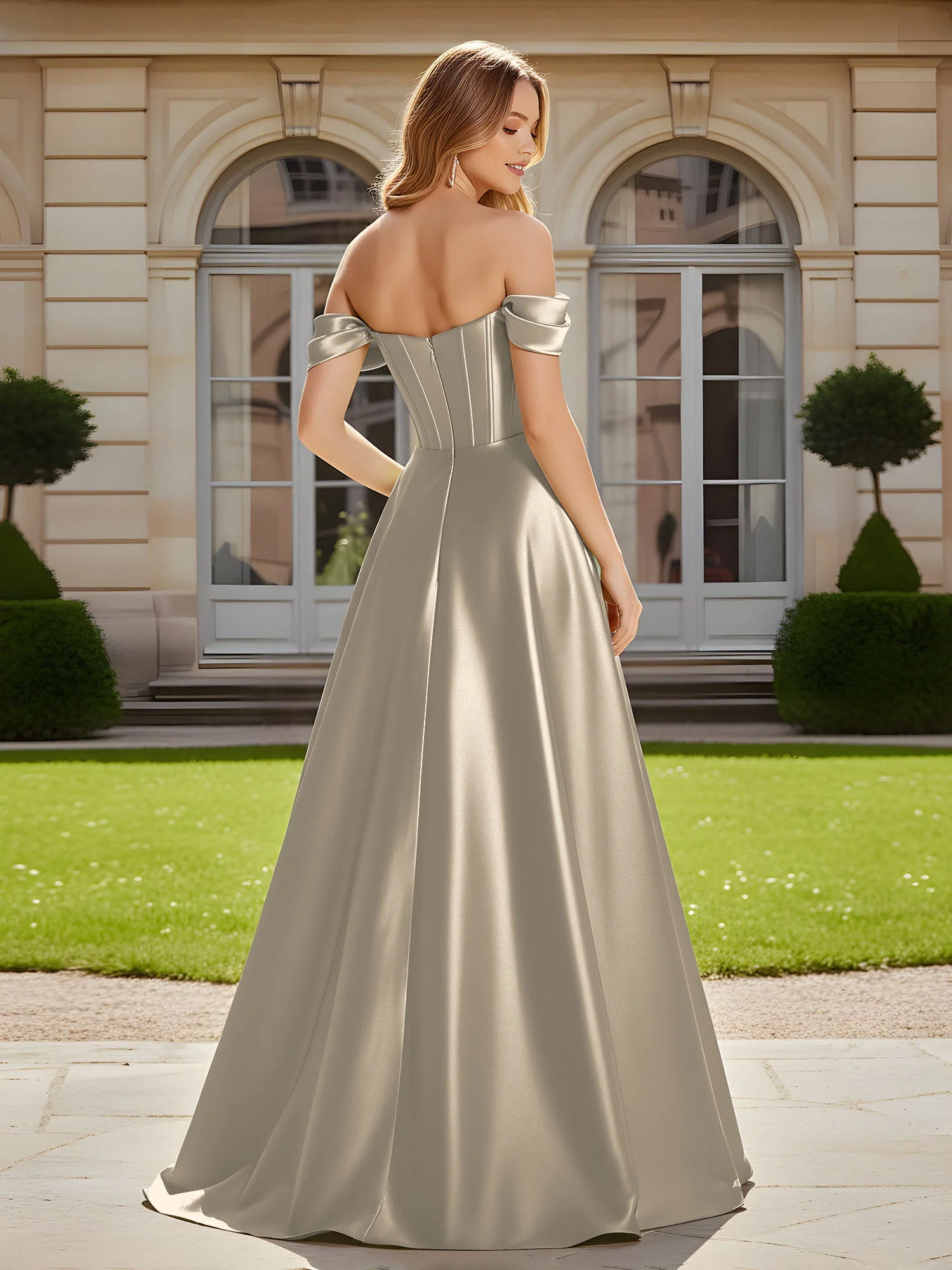Elegant Schulterfrei Plissee Maxi Kleid mit Schlitz Taupe - Image 2